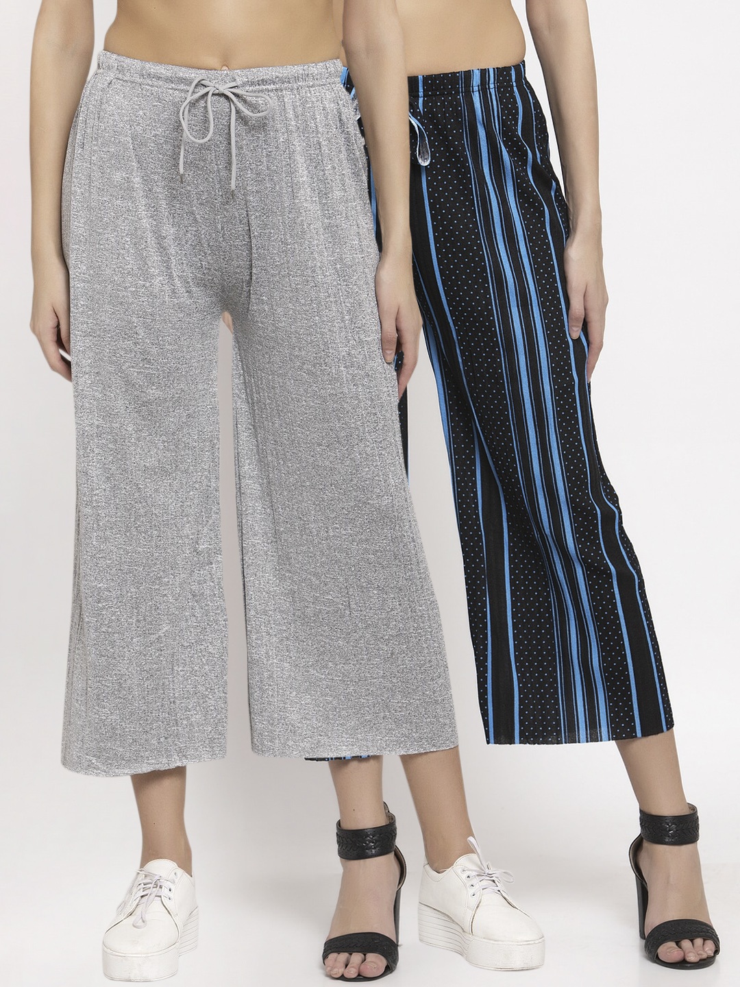 

KLOTTHE Women Pack Of 2 Wide Leg Palazzos, Grey melange