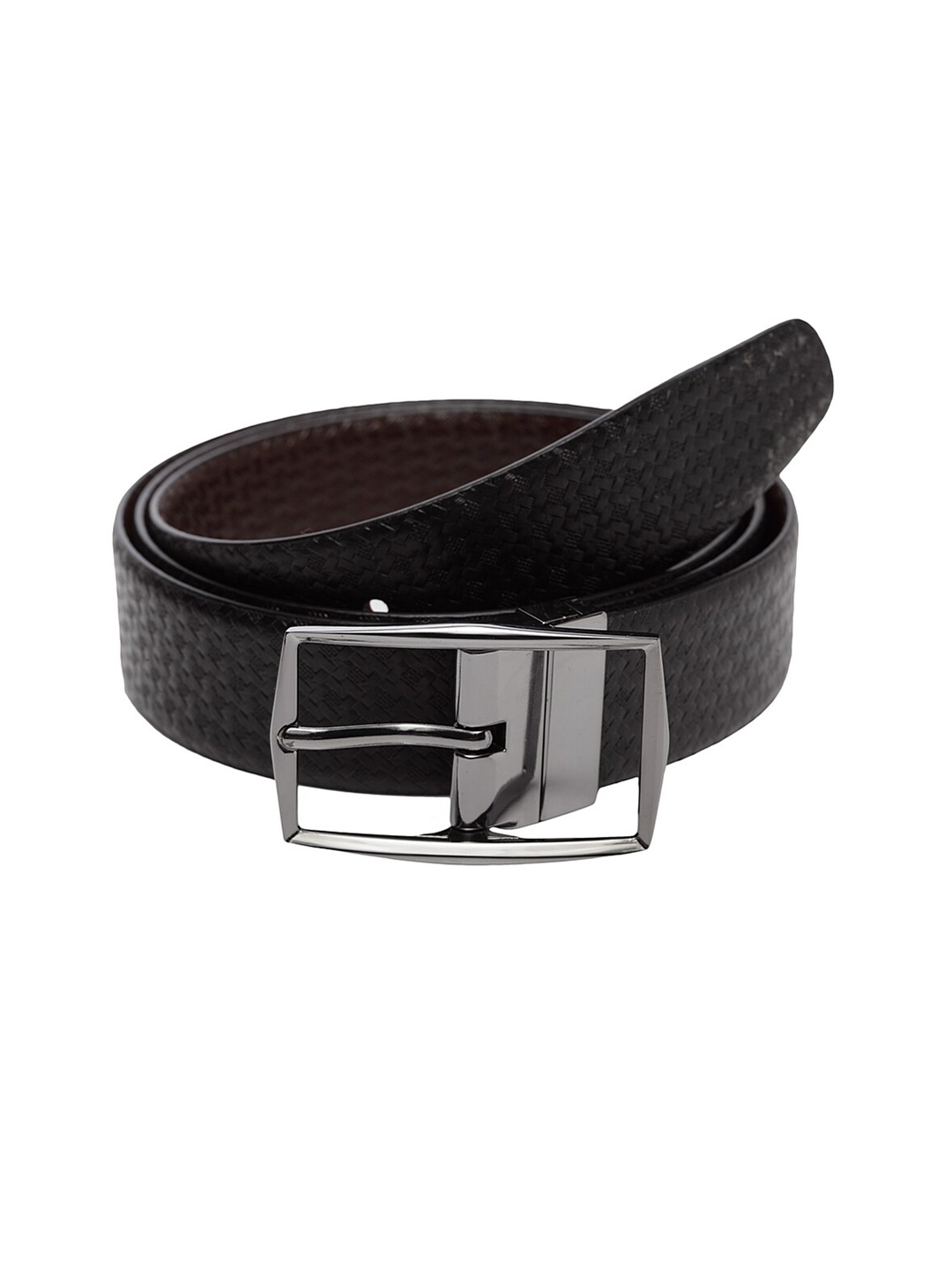 

WELBAWT Men Black & Brown Textured Leather Slim Reversible Belt