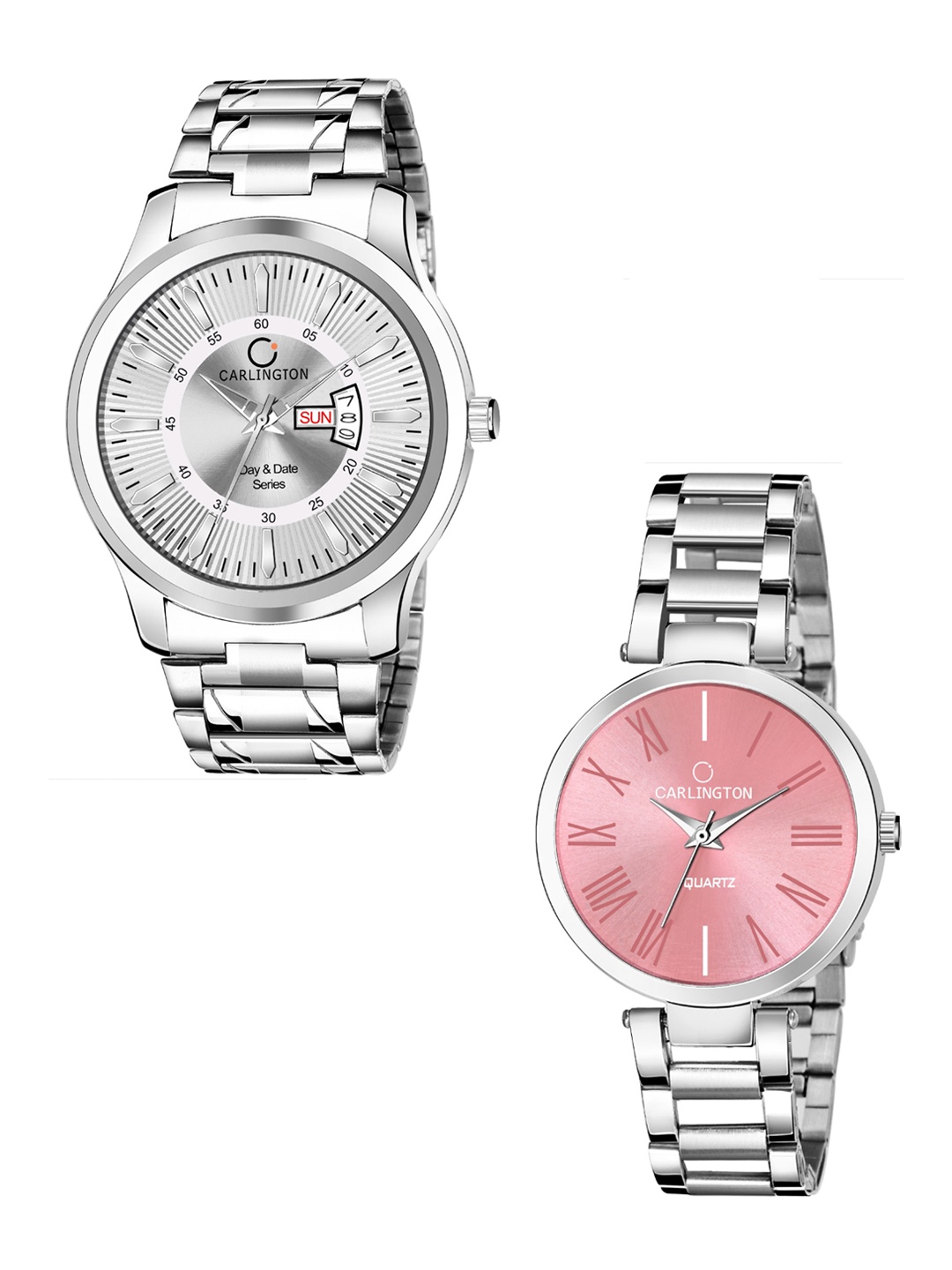 

CARLINGTON Unisex His & Her Combo G-01 Analogue Watch Gift Set, Silver