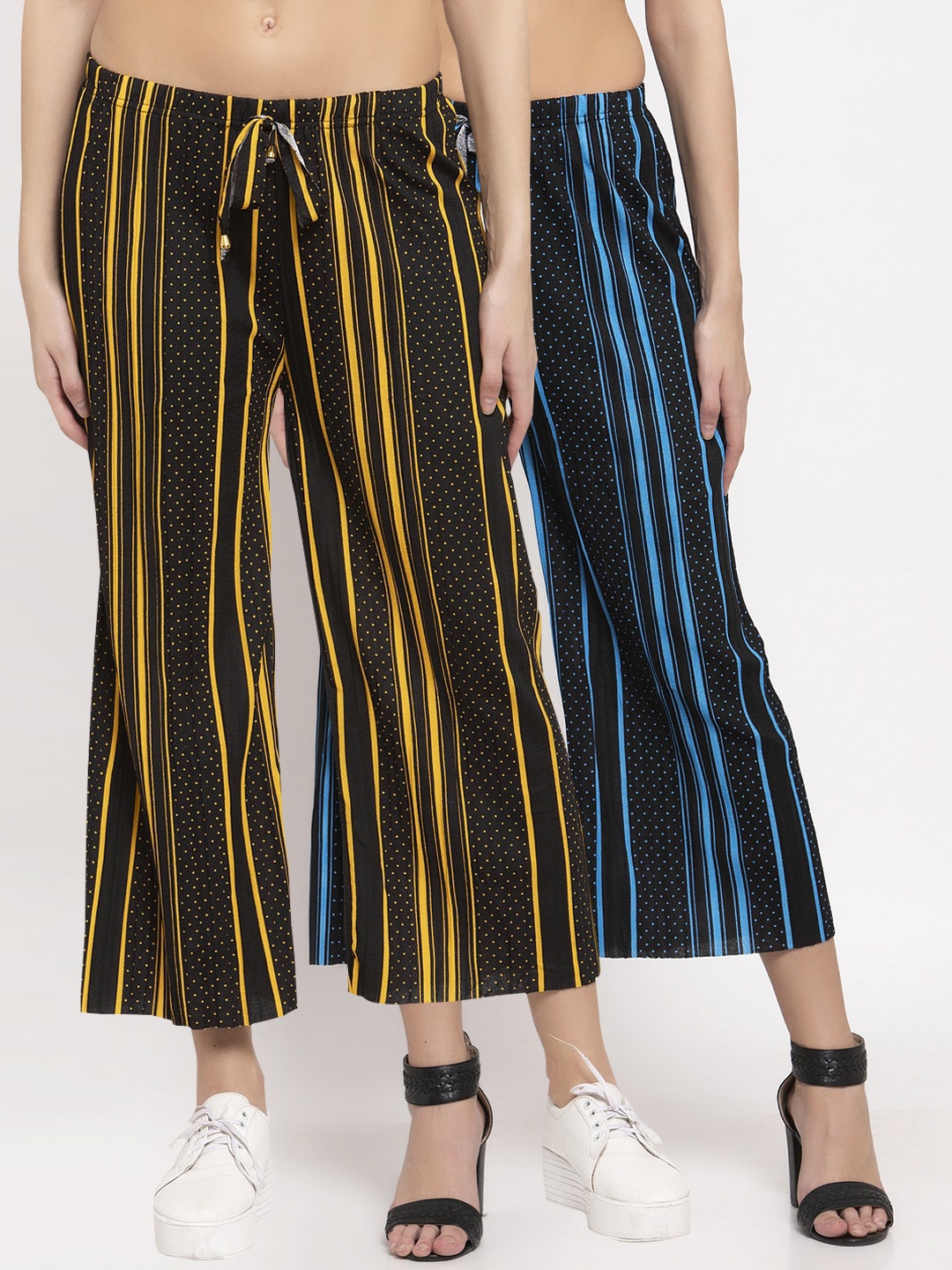 

KLOTTHE Women Pack Of 2 Black & Navy Blue Striped Wide Leg Palazzos