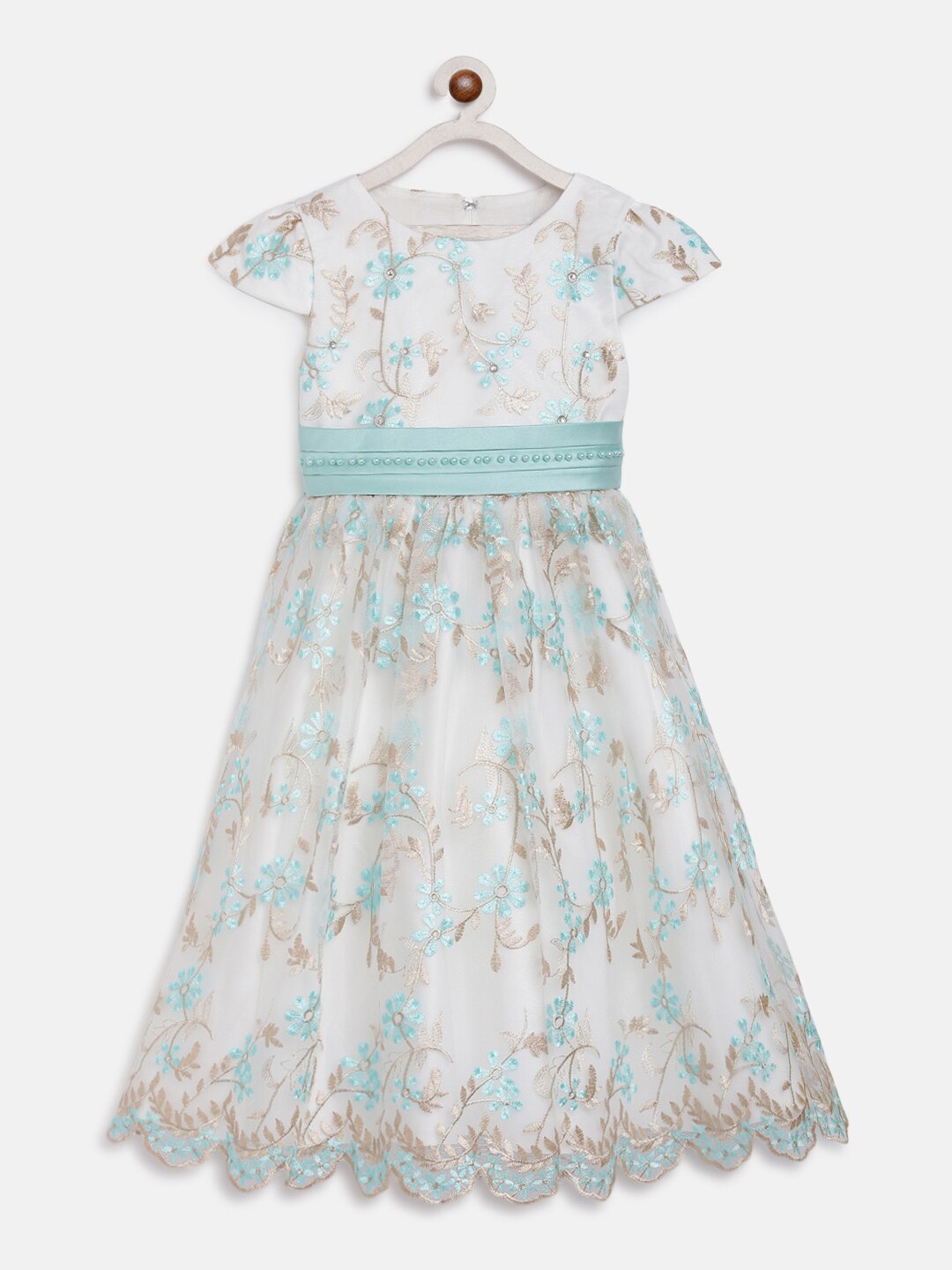 

Butterfly Blush Girls White & Green Embroidered Fit and Flare Dress