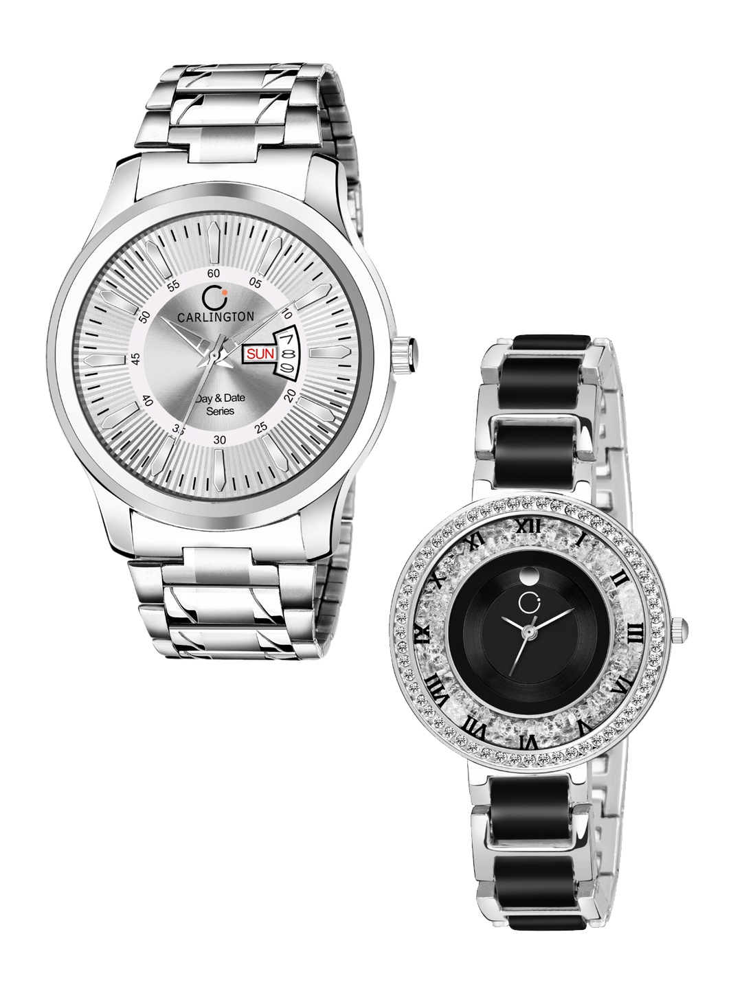 

CARLINGTON Unisex His & Her Combo G-01 Analogue Watch Gift Set, Silver