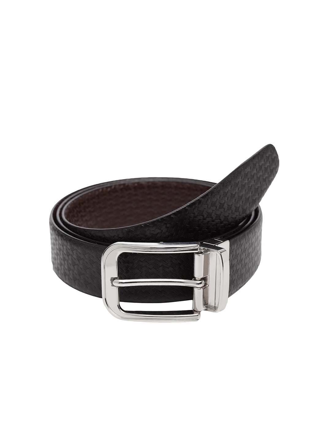 WELBAWT Men Black & Brown Textured Leather Slim Reversible Belt