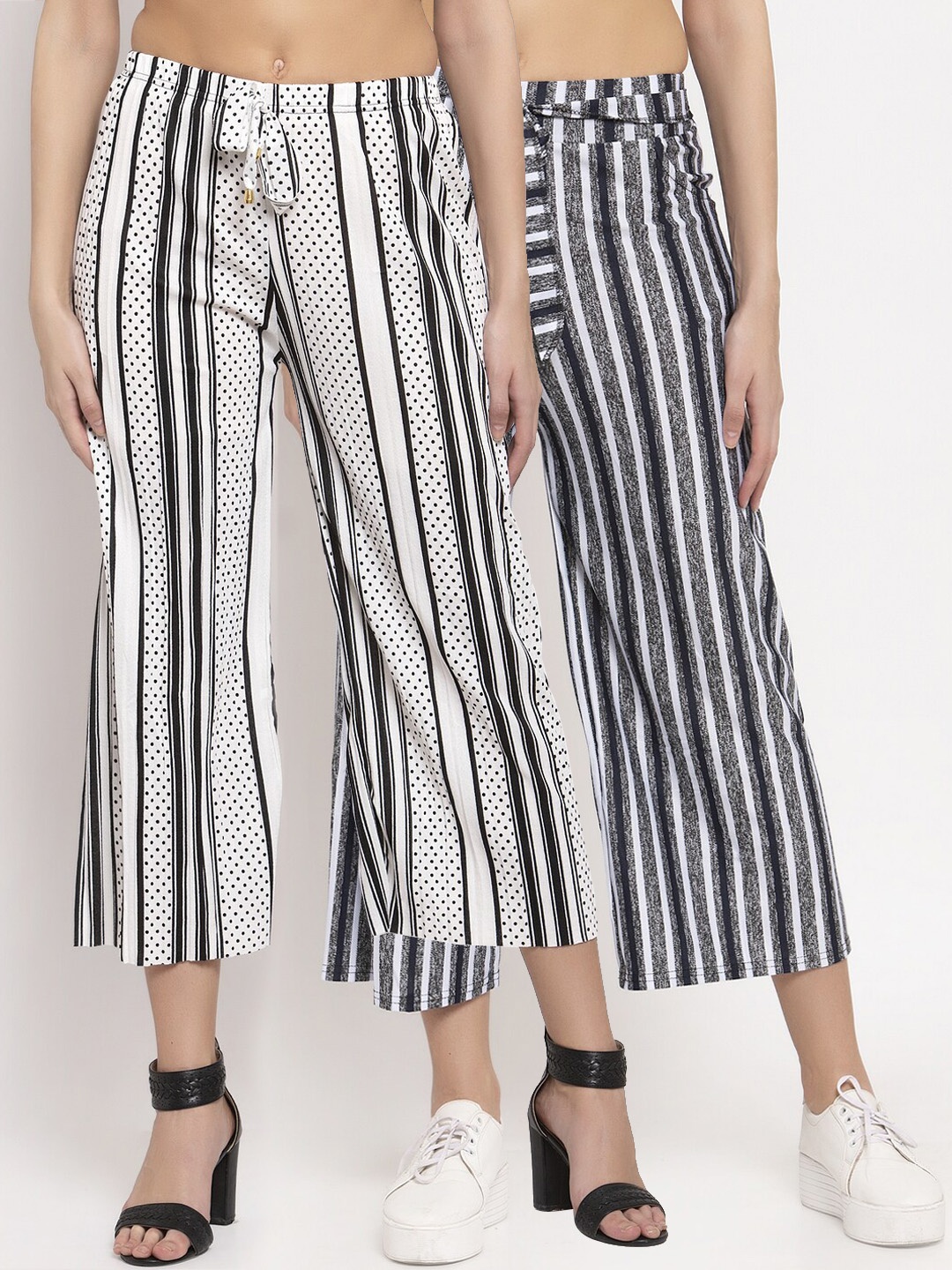 

KLOTTHE Women White & Black Striped Wide Leg Palazzos Set of 2