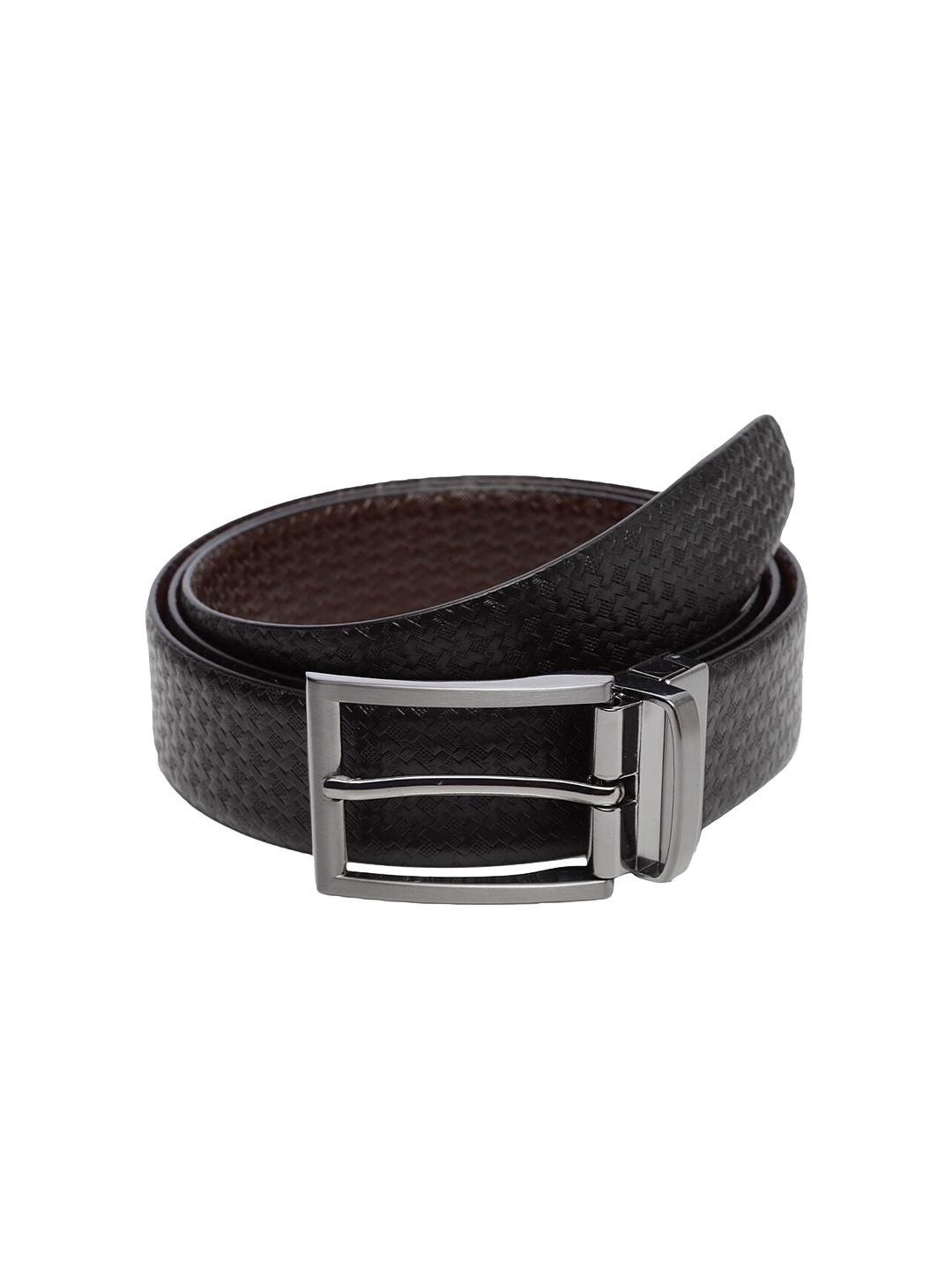 WELBAWT Men Black & Brown Textured Leather Slim Reversible Belt