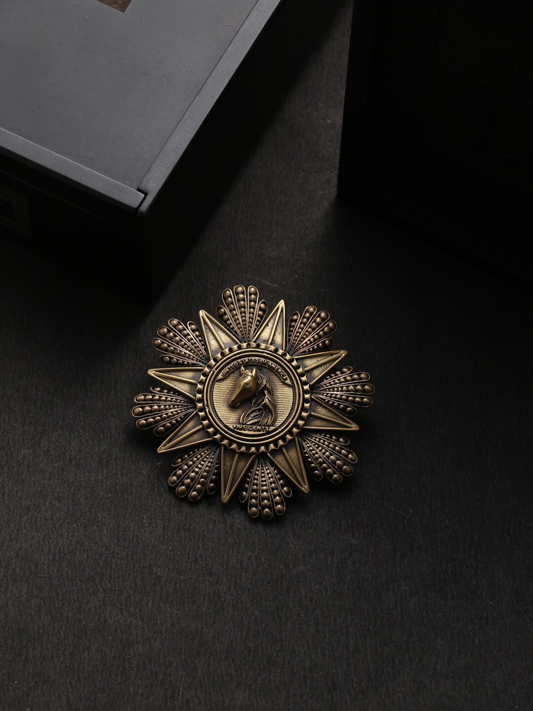 

COSA NOSTRAA Men Gold-Toned Rising Horse Coin Statement Brooch