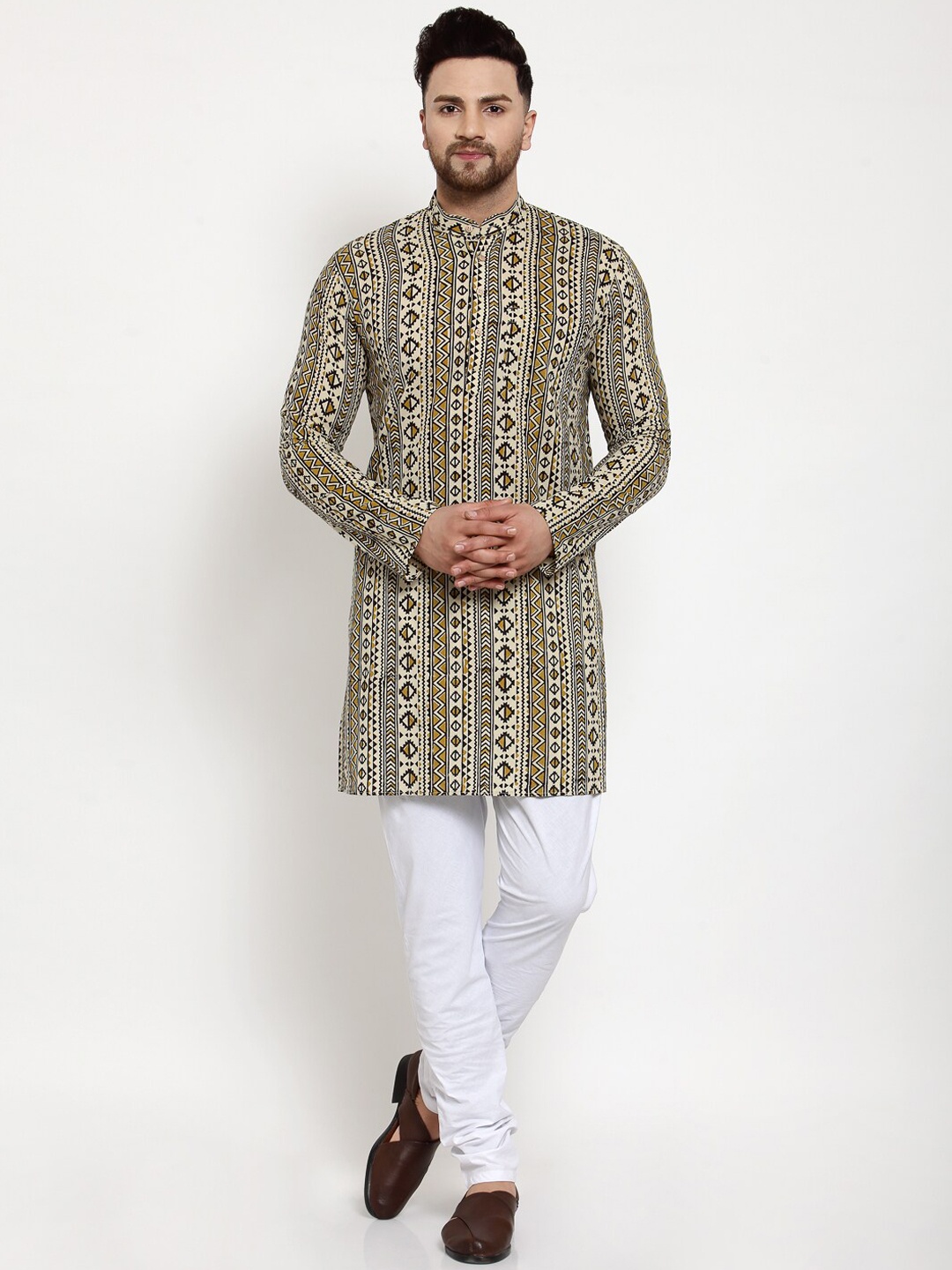 

Wintage Men Brown & Cream-Coloured Printed Kurta with Pyjamas