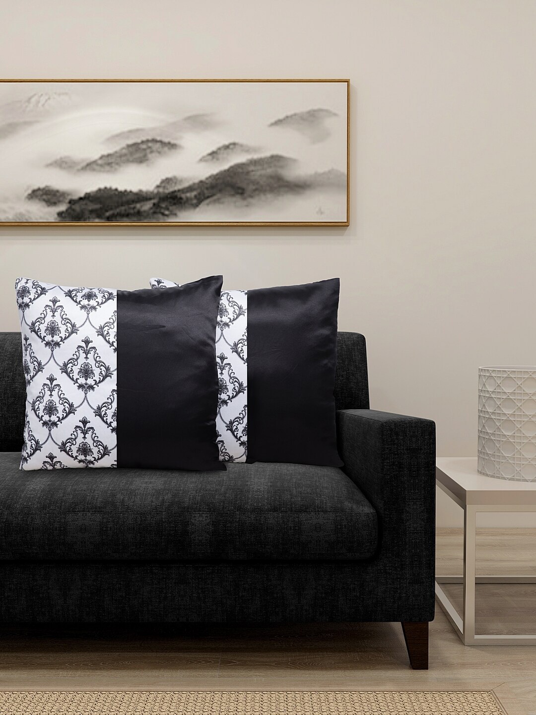 

DECOREALM Black & White Set of 2 Colourblocked Square Cushion Covers