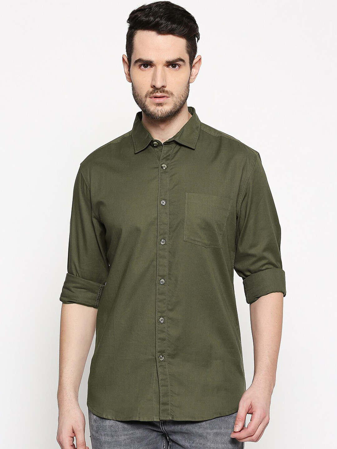

BYFORD by Pantaloons Men Olive Green Slim Fit Solid Cotton Casual Shirt
