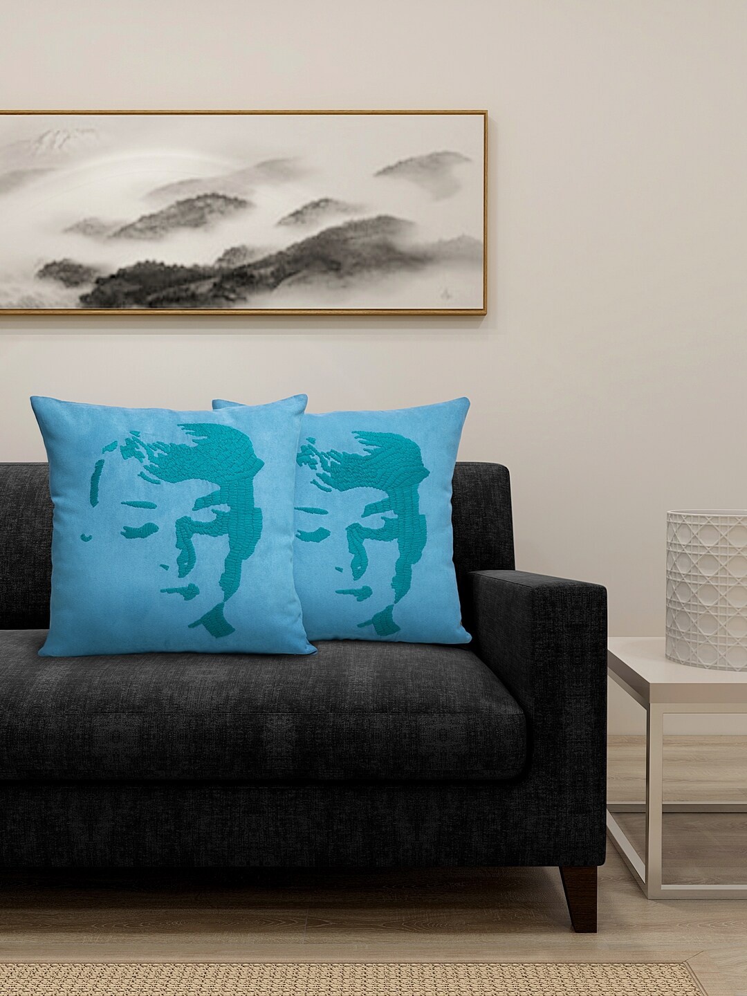 DECOREALM Turquoise Blue Set of 2 Embroidered Square Cushion Covers