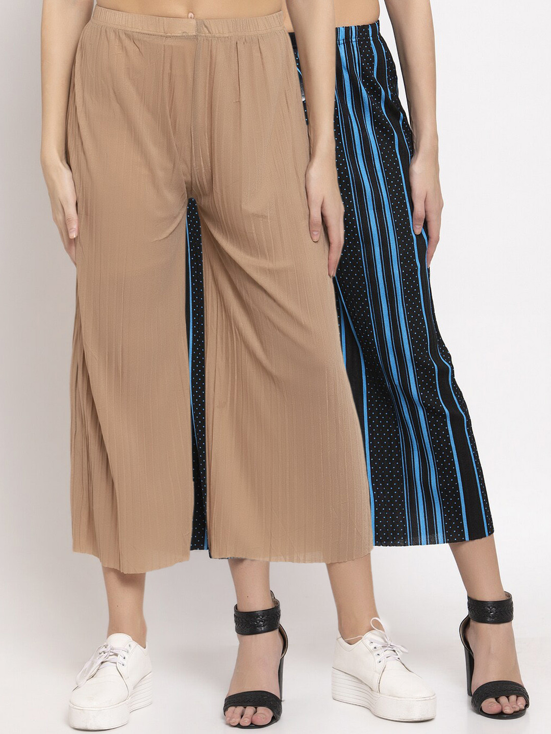 

KLOTTHE Women Pack of 2 Black & Blue Striped Wide Leg Palazzos