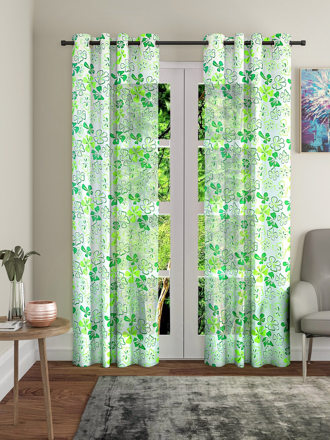 

Cortina White & Fluorescent Green Floral Printed Setof 2 Door Curtain