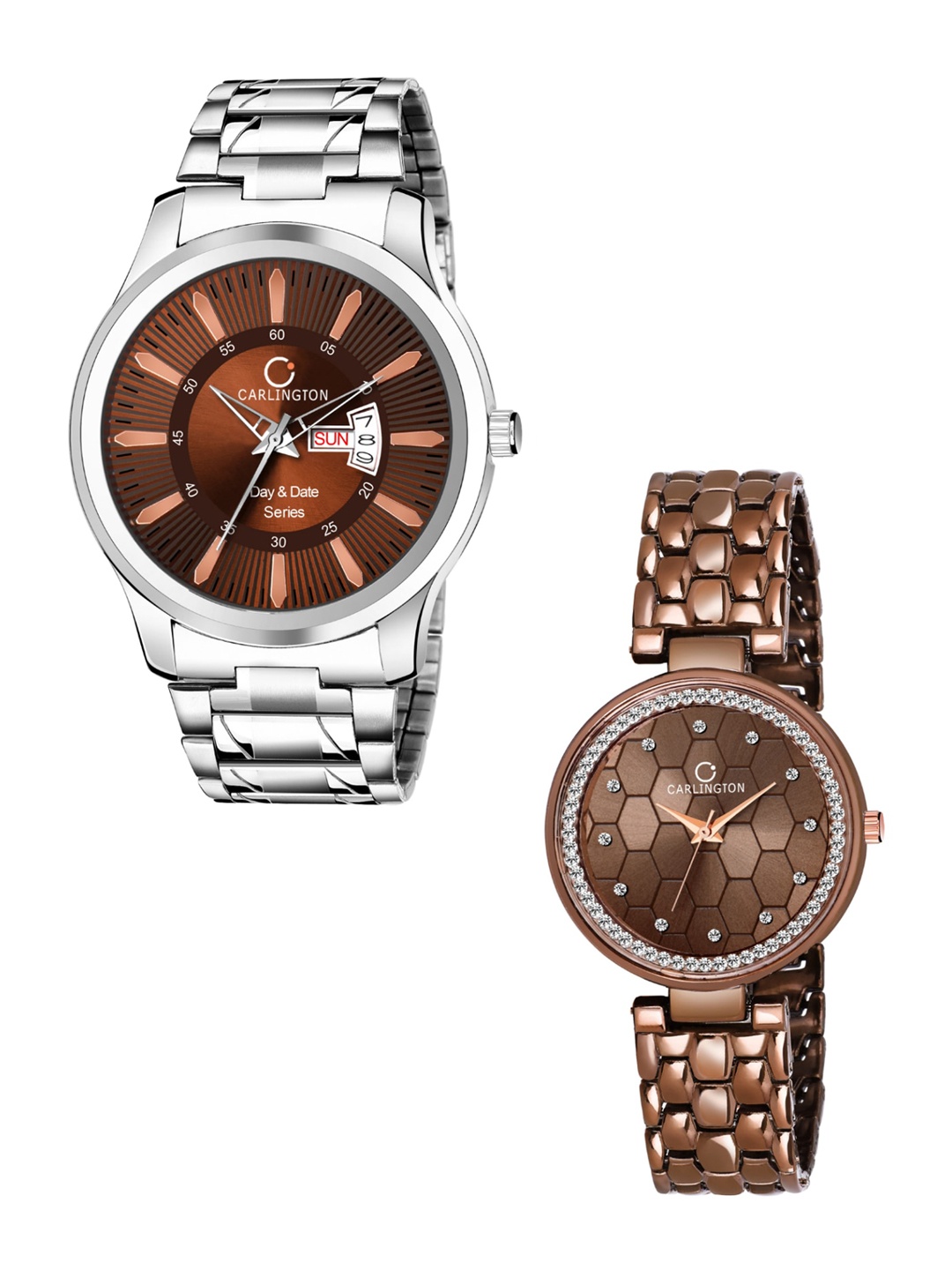 

CARLINGTON Unisex His & Her Combo G-01 Analogue Watch Gift Set, Brown