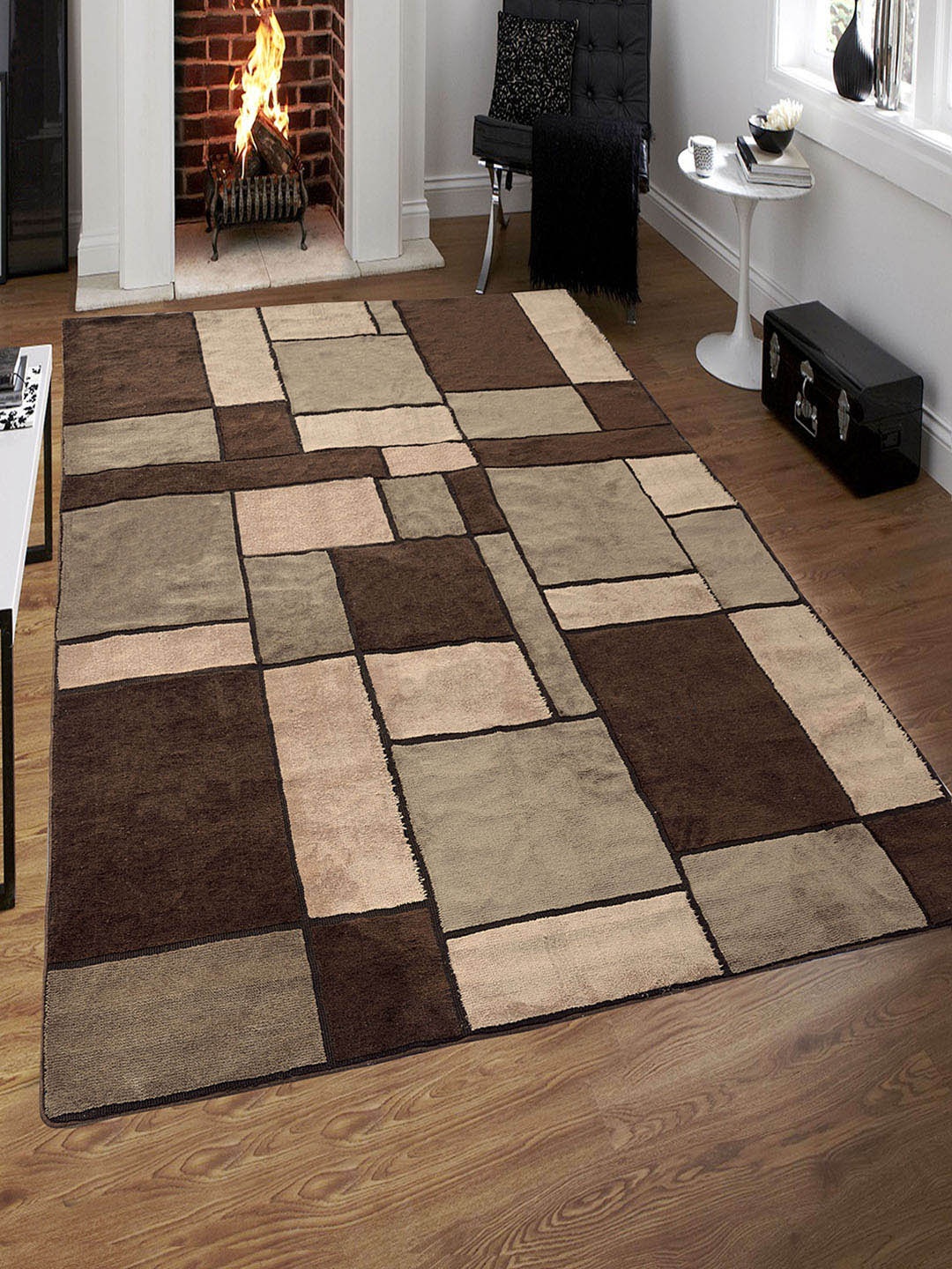 Saral Home Brown & Beige Geometric Microfiber Anti-Skid Carpet