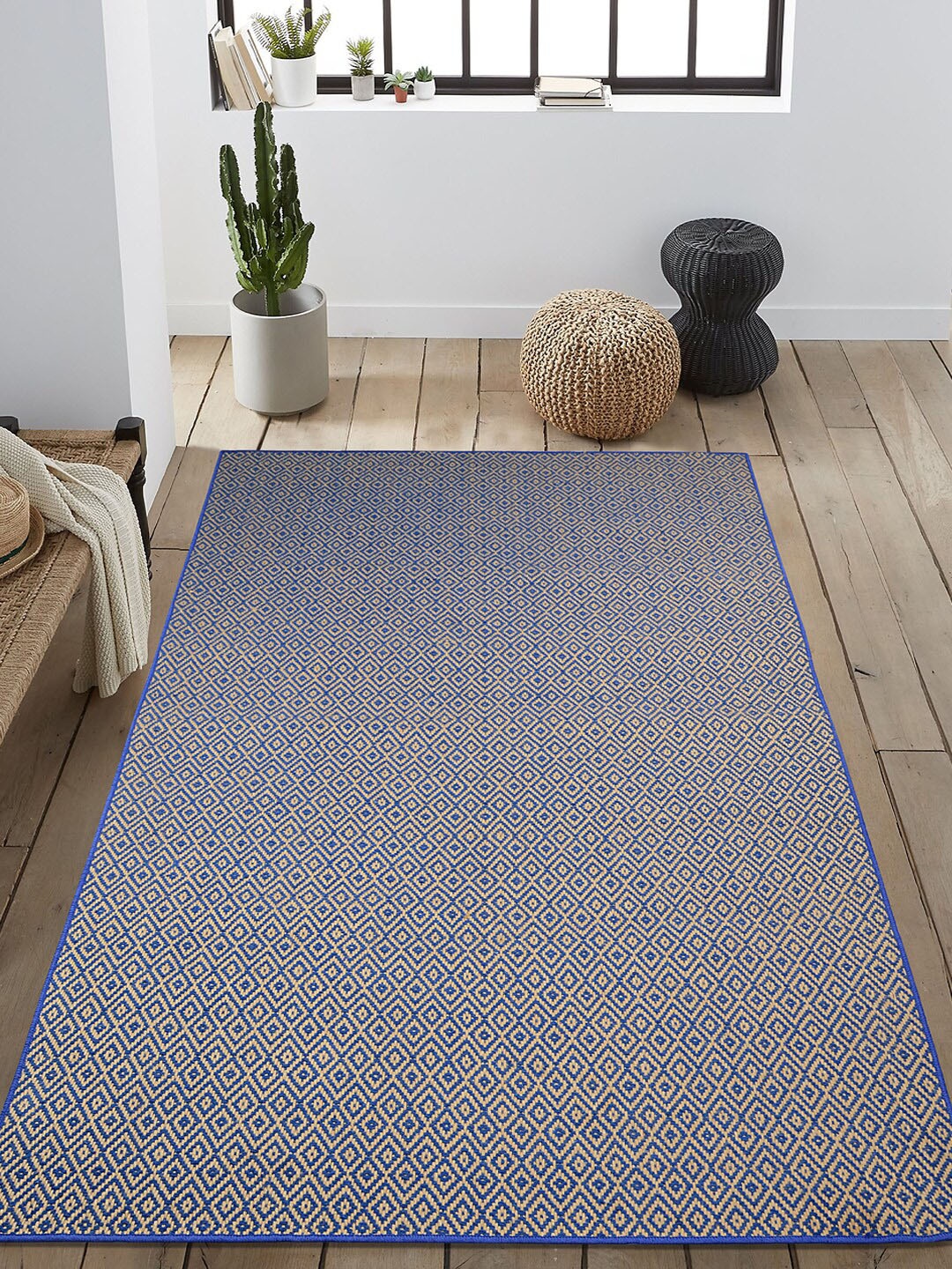 Saral Home Blue & Beige Woven-Design Anti-Skid Carpet
