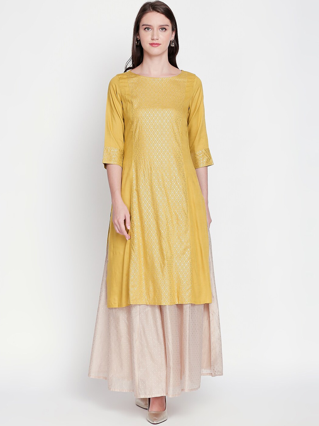 

RANGMANCH BY PANTALOONS Women Yellow Woven Design Kurta with Skirt