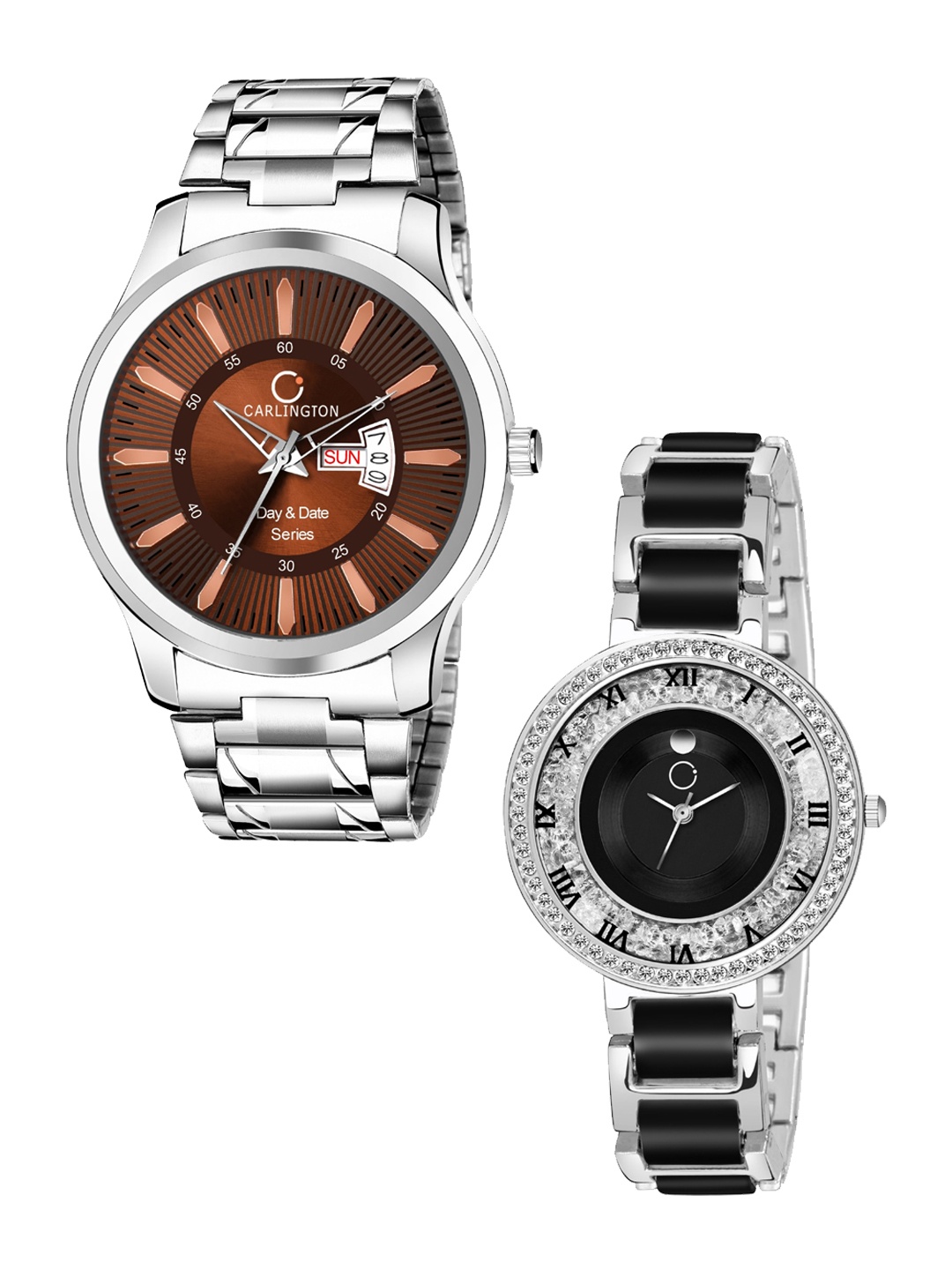 

CARLINGTON Unisex His & Her Combo G-01 Analogue Watch Gift Set, Brown