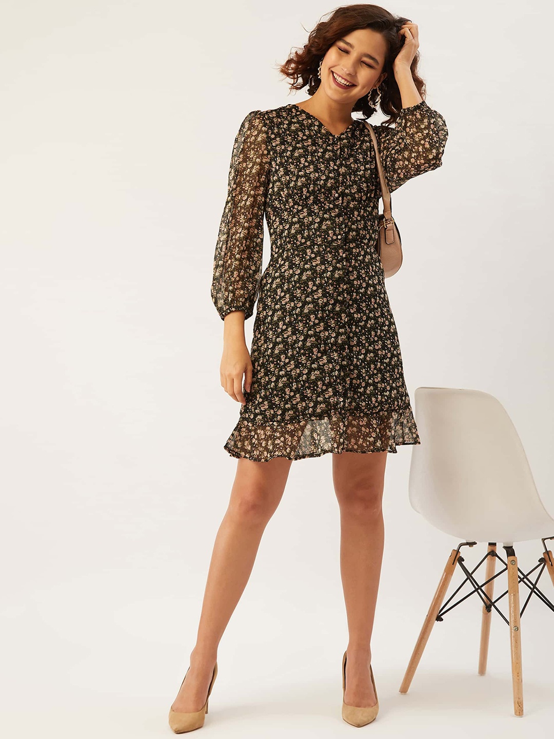 

ANVI Be Yourself Women Black Printed A-Line Dress