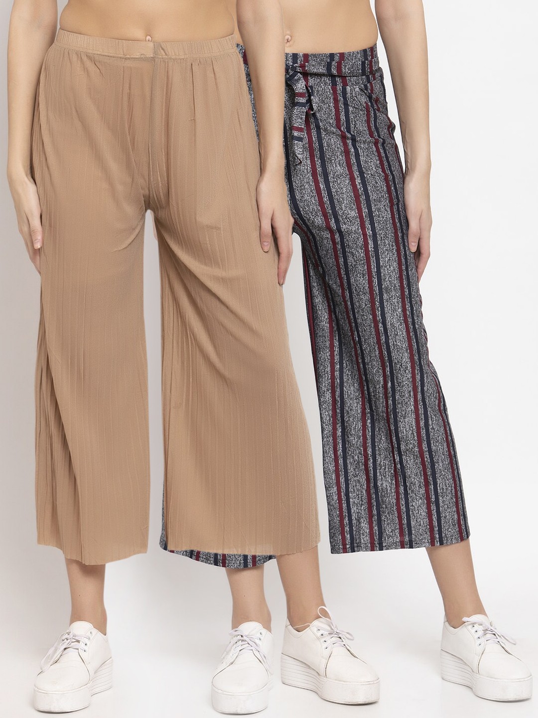 

KLOTTHE Women Pack Of 2 Grey & Black Striped Wide Leg Cropped Palazzos