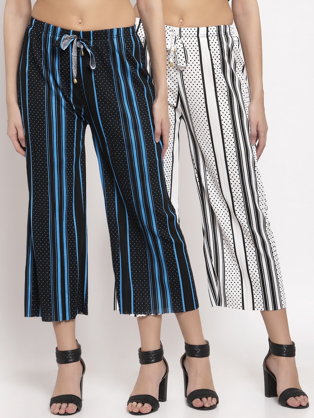 

KLOTTHE Women Pack of 2 White & Black Striped Wide Leg Palazzos