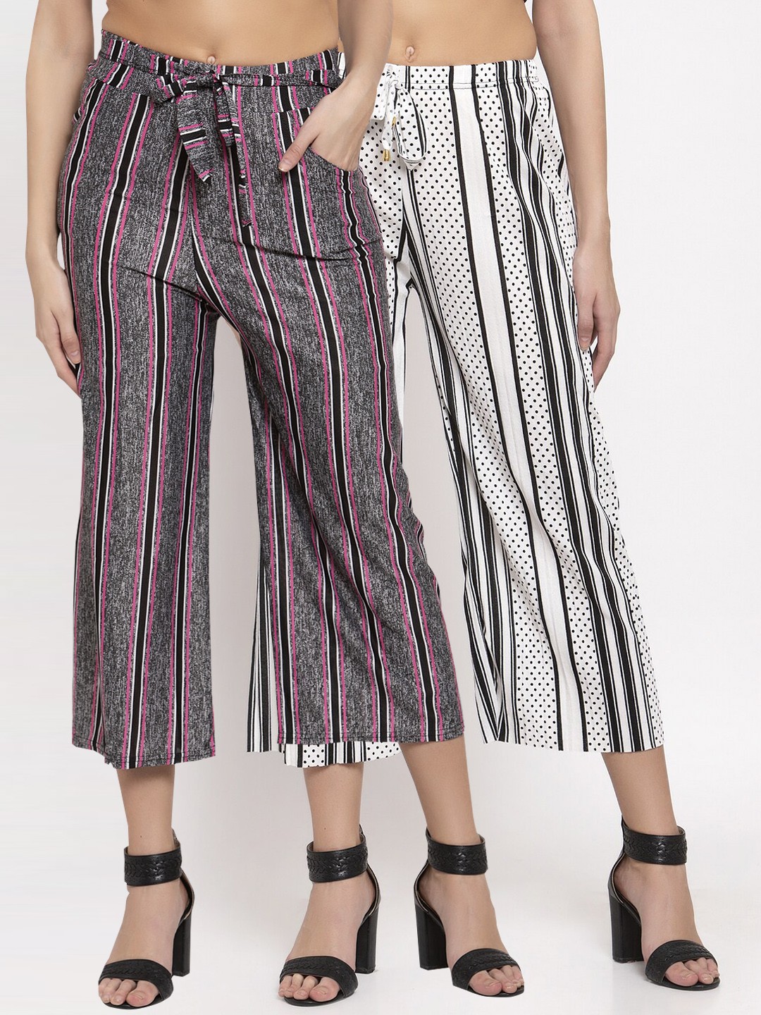 

KLOTTHE Women Pack of 2 Grey & Black Striped Wide Leg Palazzos