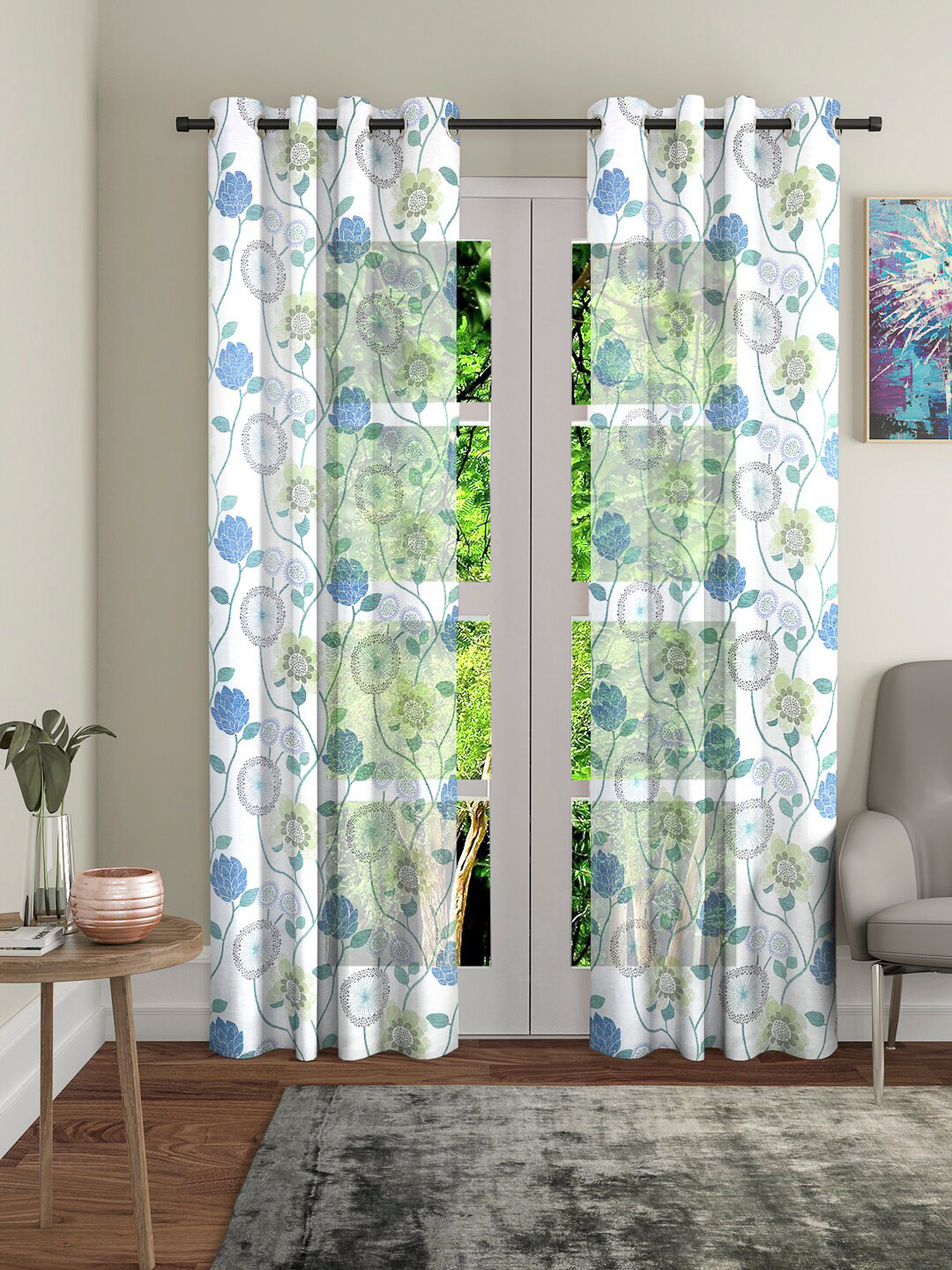 

Cortina Set Of 2 White & Green Sheer Door Curtains