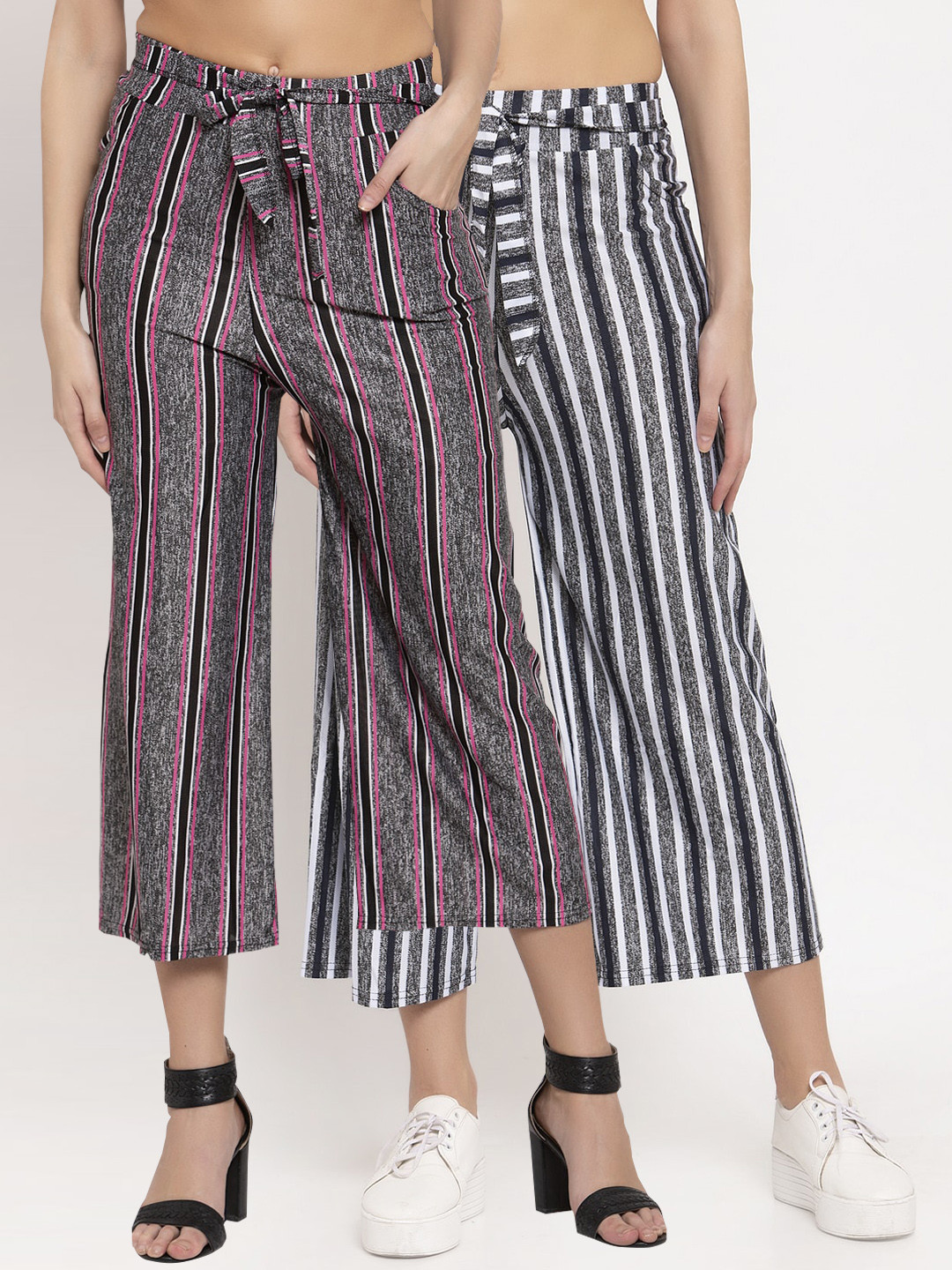 

KLOTTHE Women Pack Of 2 Grey & White Striped Wide Leg Cropped Palazzos