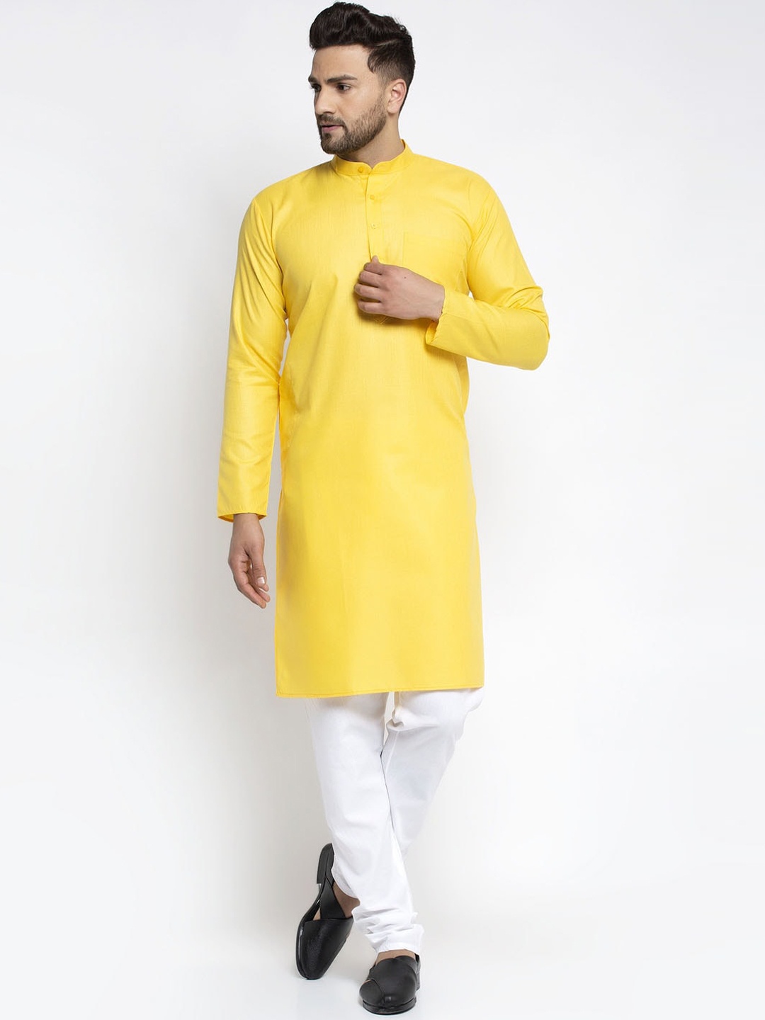 

Jompers Men Yellow & White Solid Kurta with Churidar