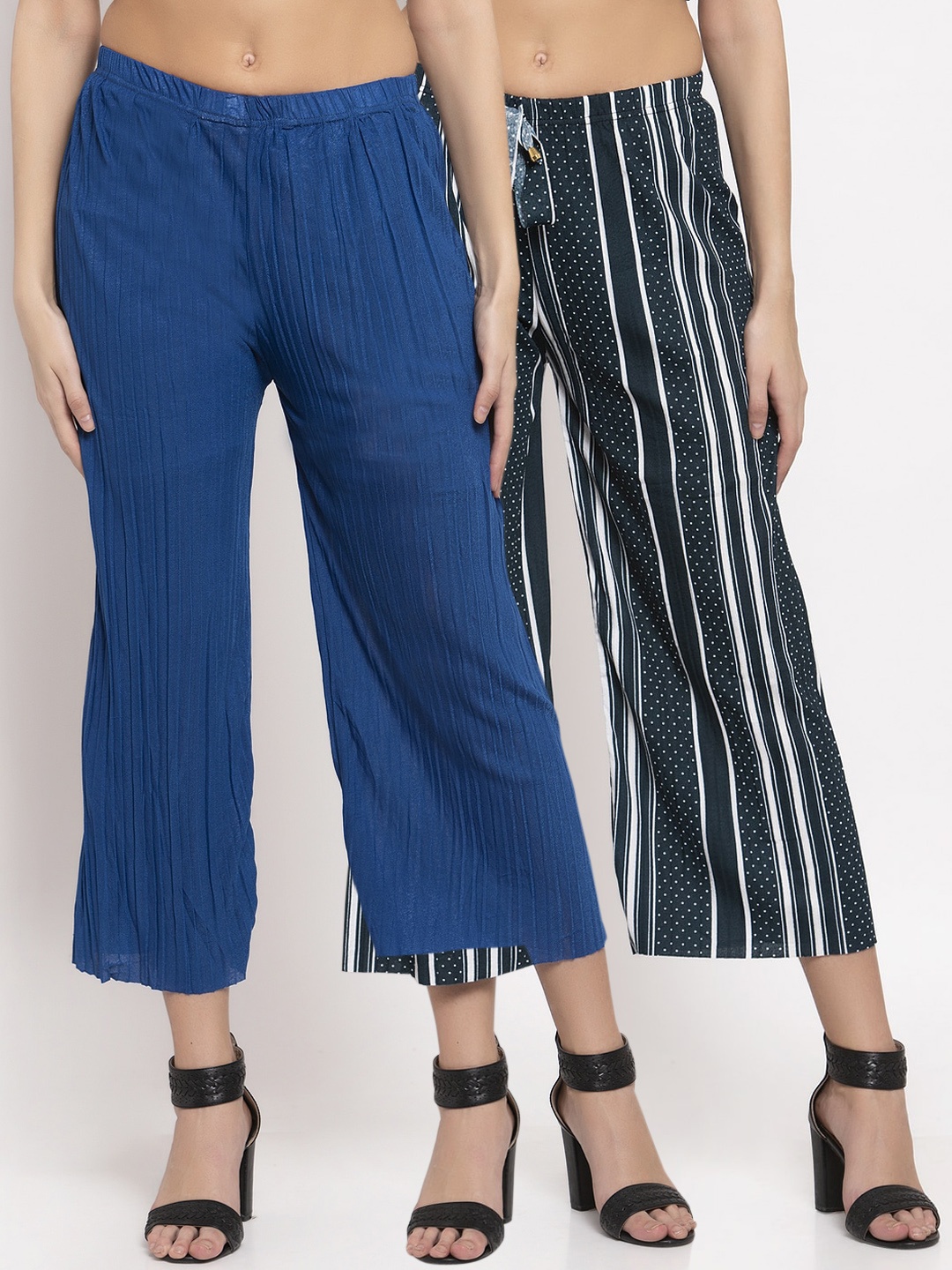 

KLOTTHE Women Blue & Teal Striped Wide Leg Palazzos Set of 2