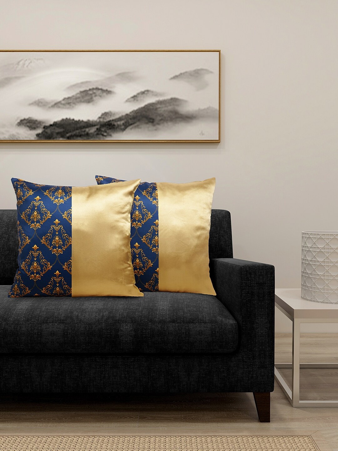 

DECOREALM Set Of 2 Gold-Toned & Blue Colourblocked Square Cushion Covers
