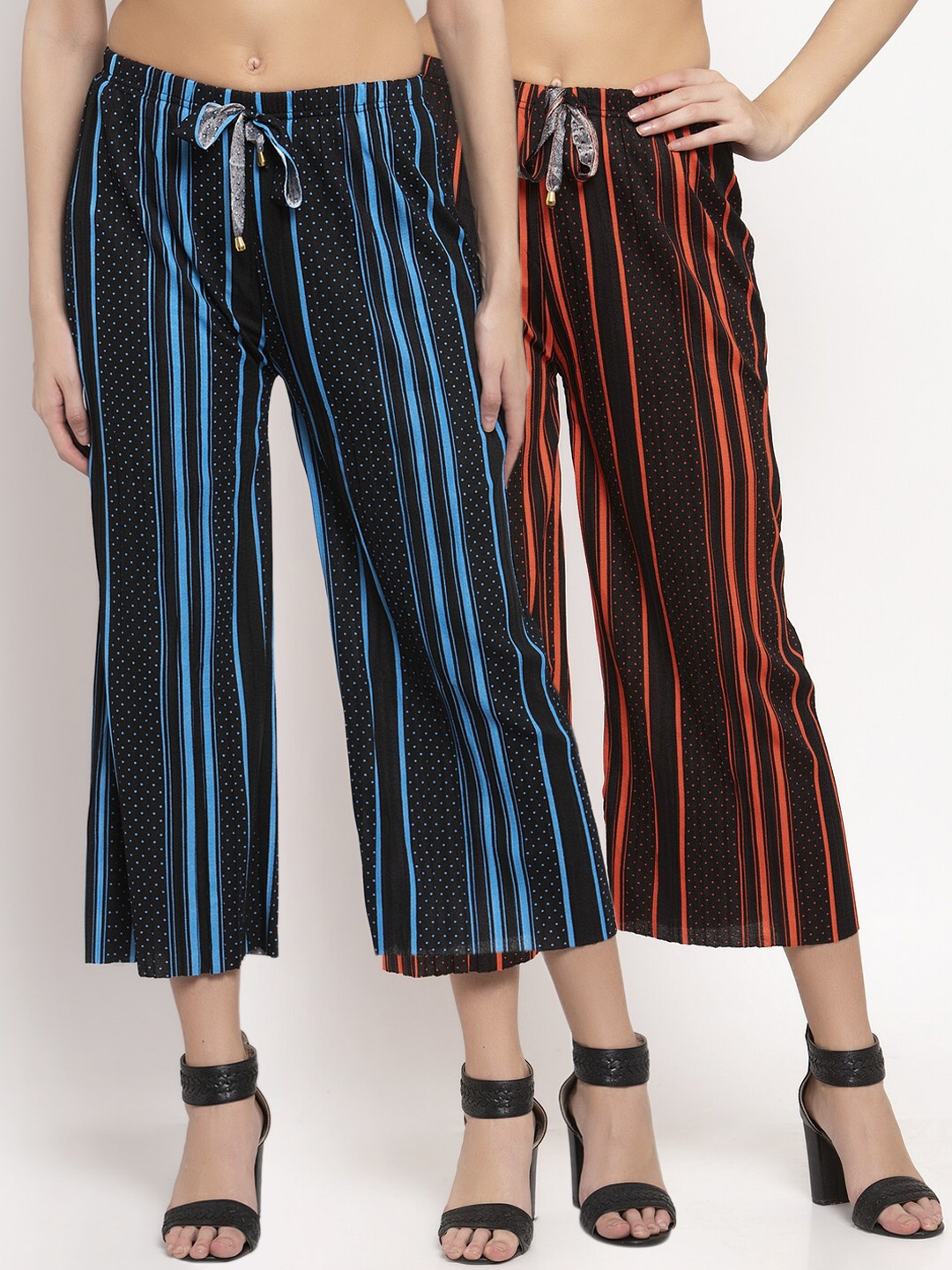

KLOTTHE Women Pack Of 2 Multicoloured Striped Wide Leg Palazzos, Black