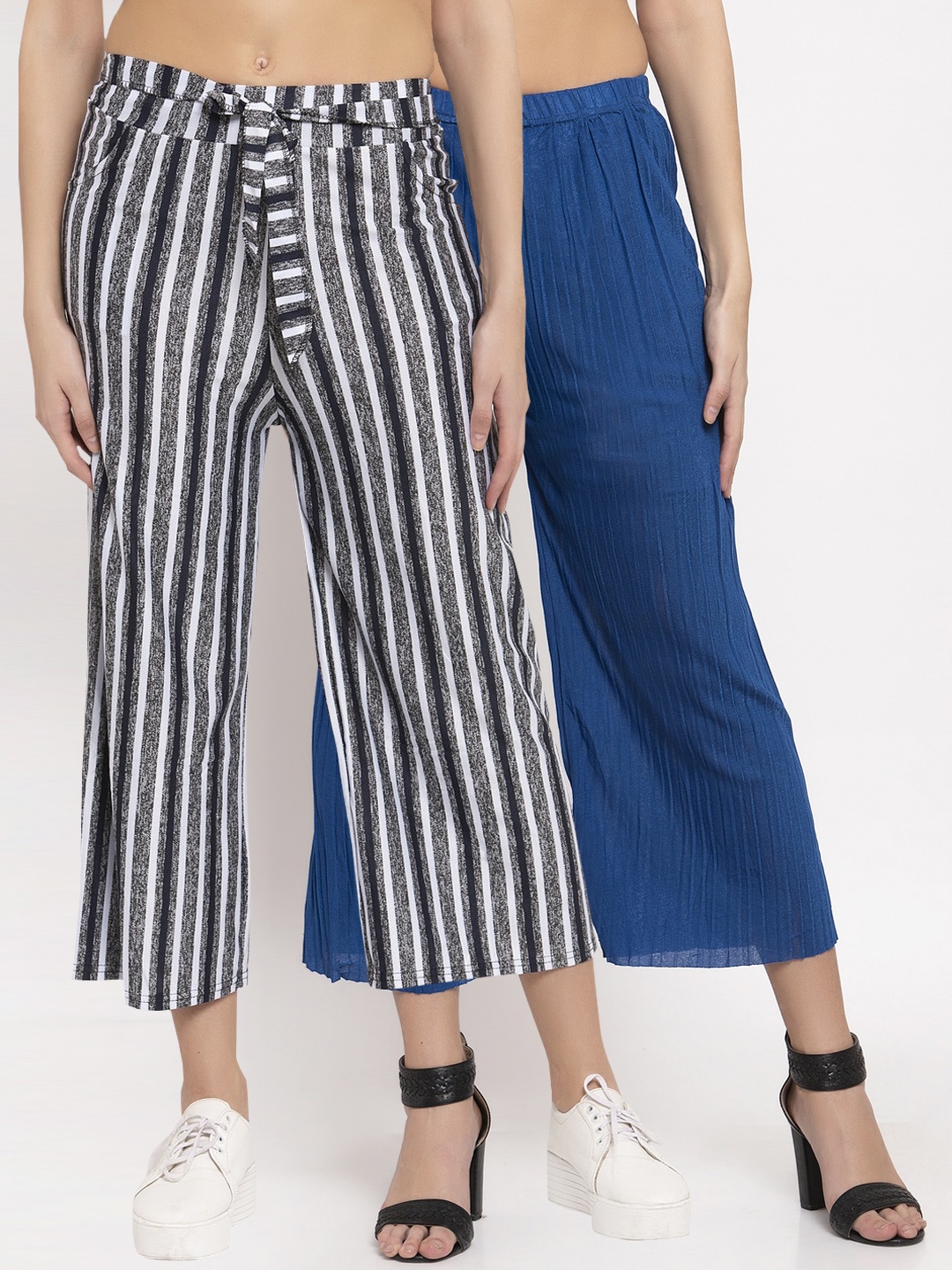 

KLOTTHE Women Pack of 2 Blue & Grey Striped Wide Leg Palazzos