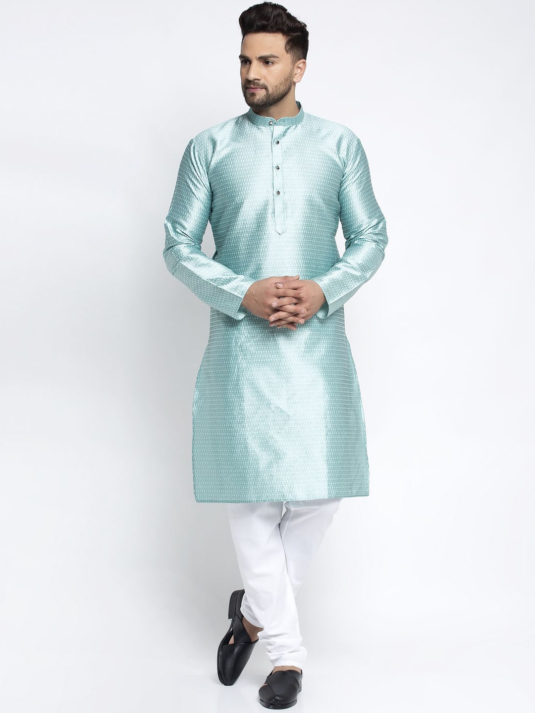 

Jompers Men Turquoise Blue & White Woven Design Kurta with Churidar