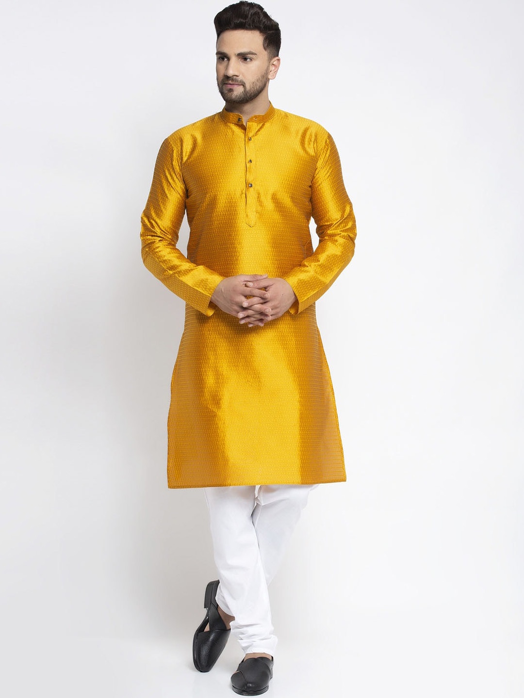 

Jompers Men Yellow Self Design Kurta with Churidar