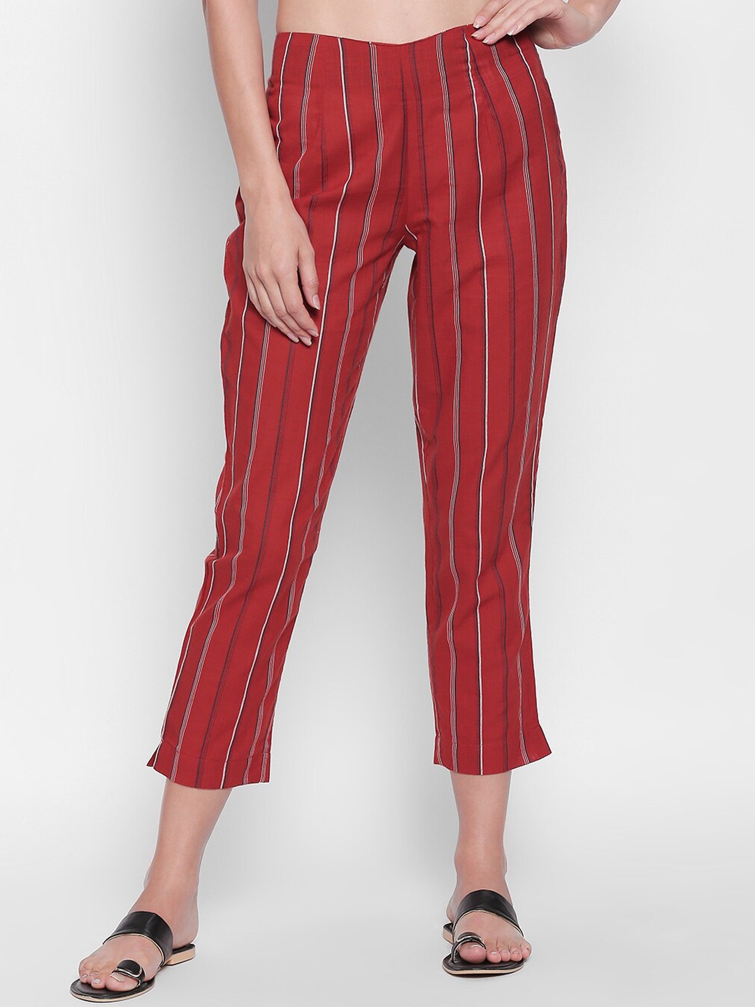 

RANGMANCH BY PANTALOONS Women Red Slim Fit Striped Cotton Cigarette Trousers