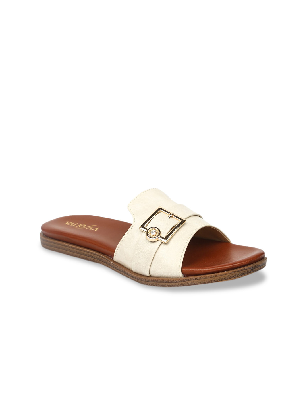 

VALIOSAA Women White Colourblocked Synthetic Patent Open Toe Flats