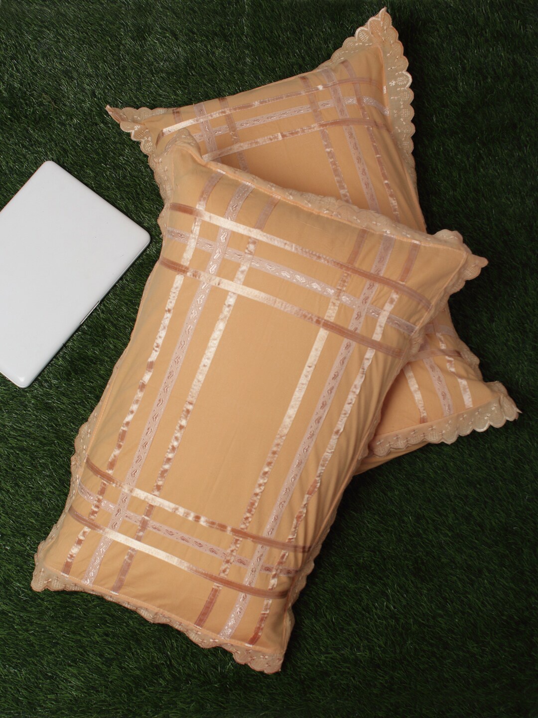 HOSTA HOMES Set Of 2 Peach-Coloured & Rose Gold-Coloured 280 TC Embroidered Pillow Covers