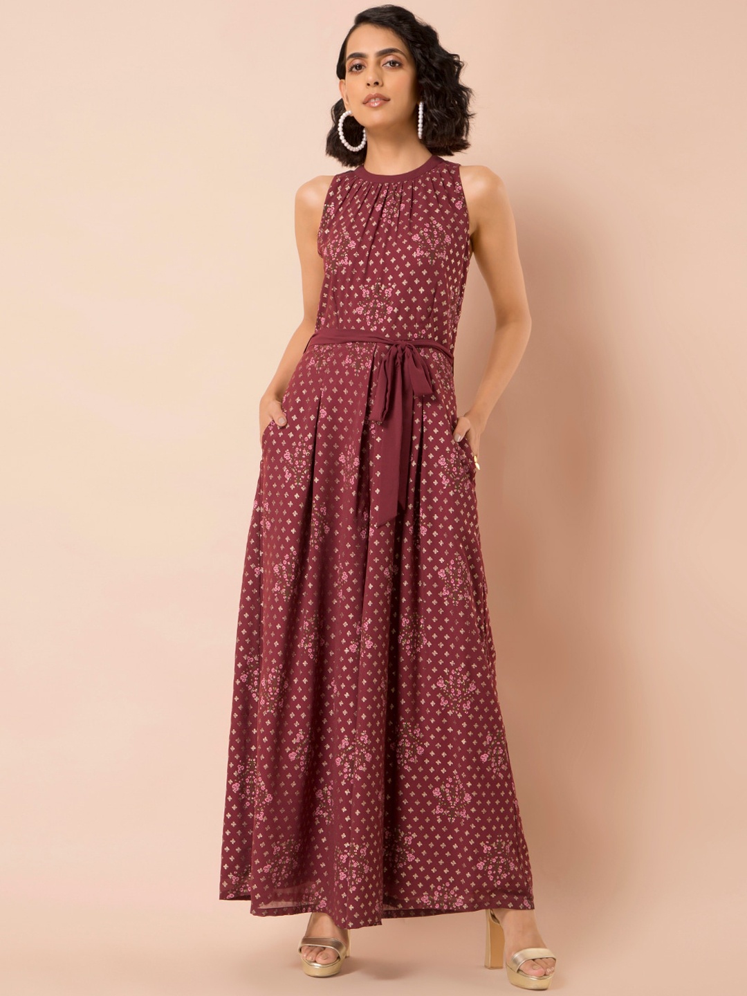 

INDYA Women Maroon & Pink Foil Printed Belted Basic Jumpsuit