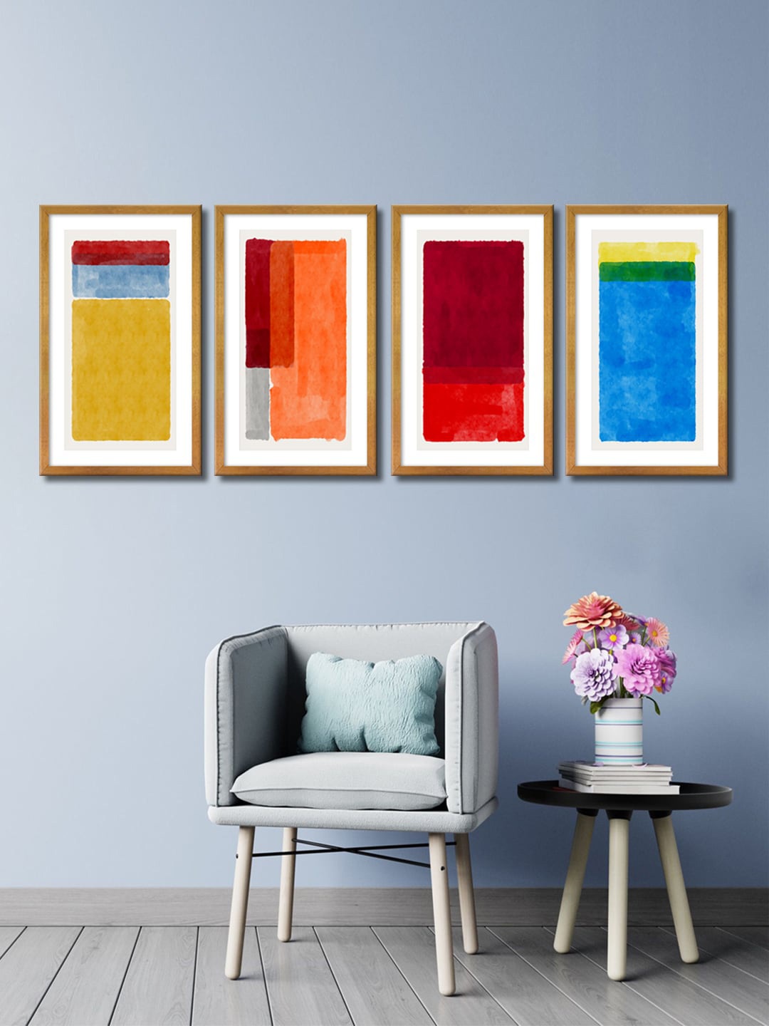 

999Store Set Of 4 Yellow & Red Abstract Canvas Framed Wall Art