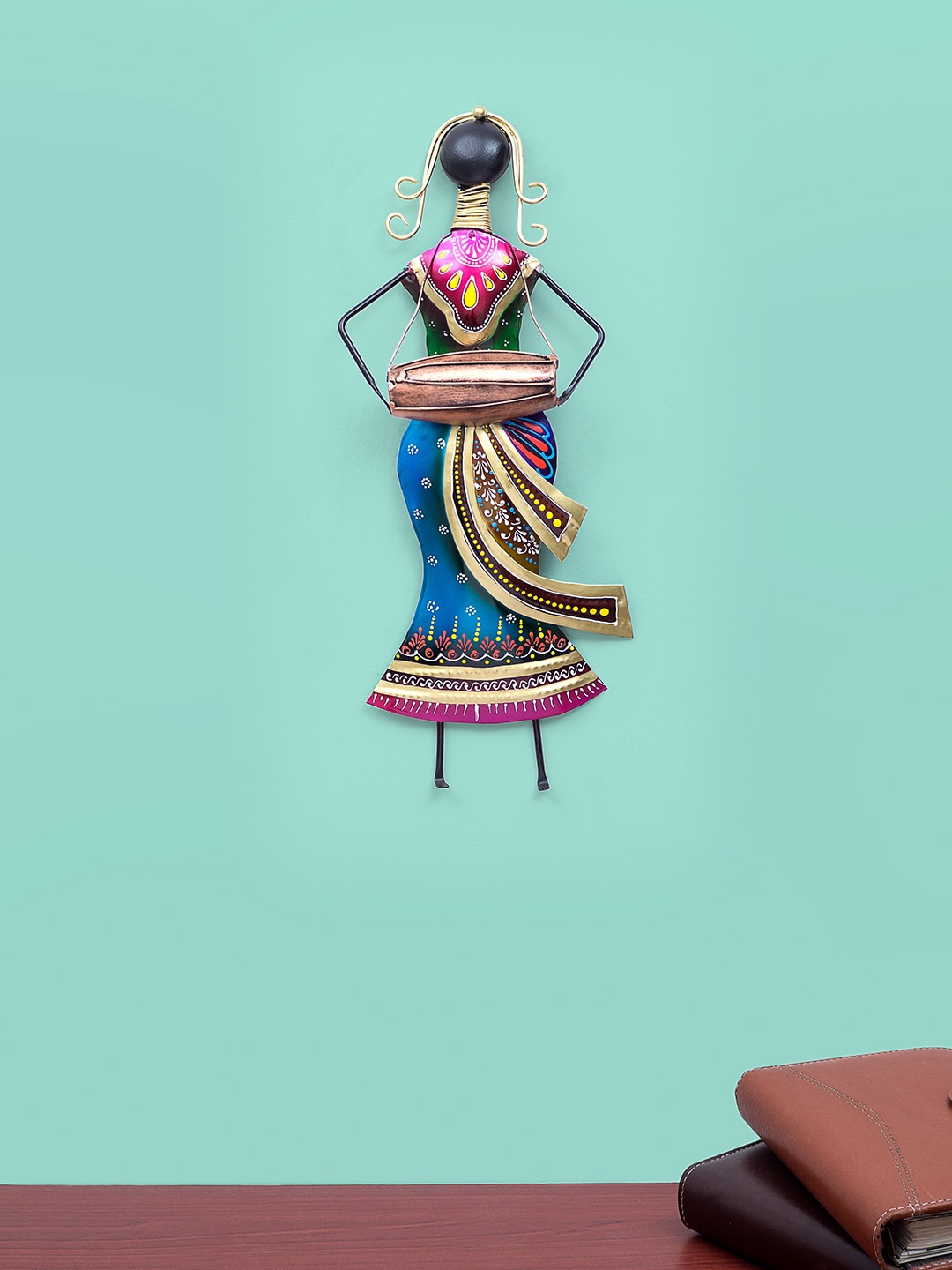

Golden Peacock Blue & Yellow Handcrafted Lady Playing Dholak Wall Decor