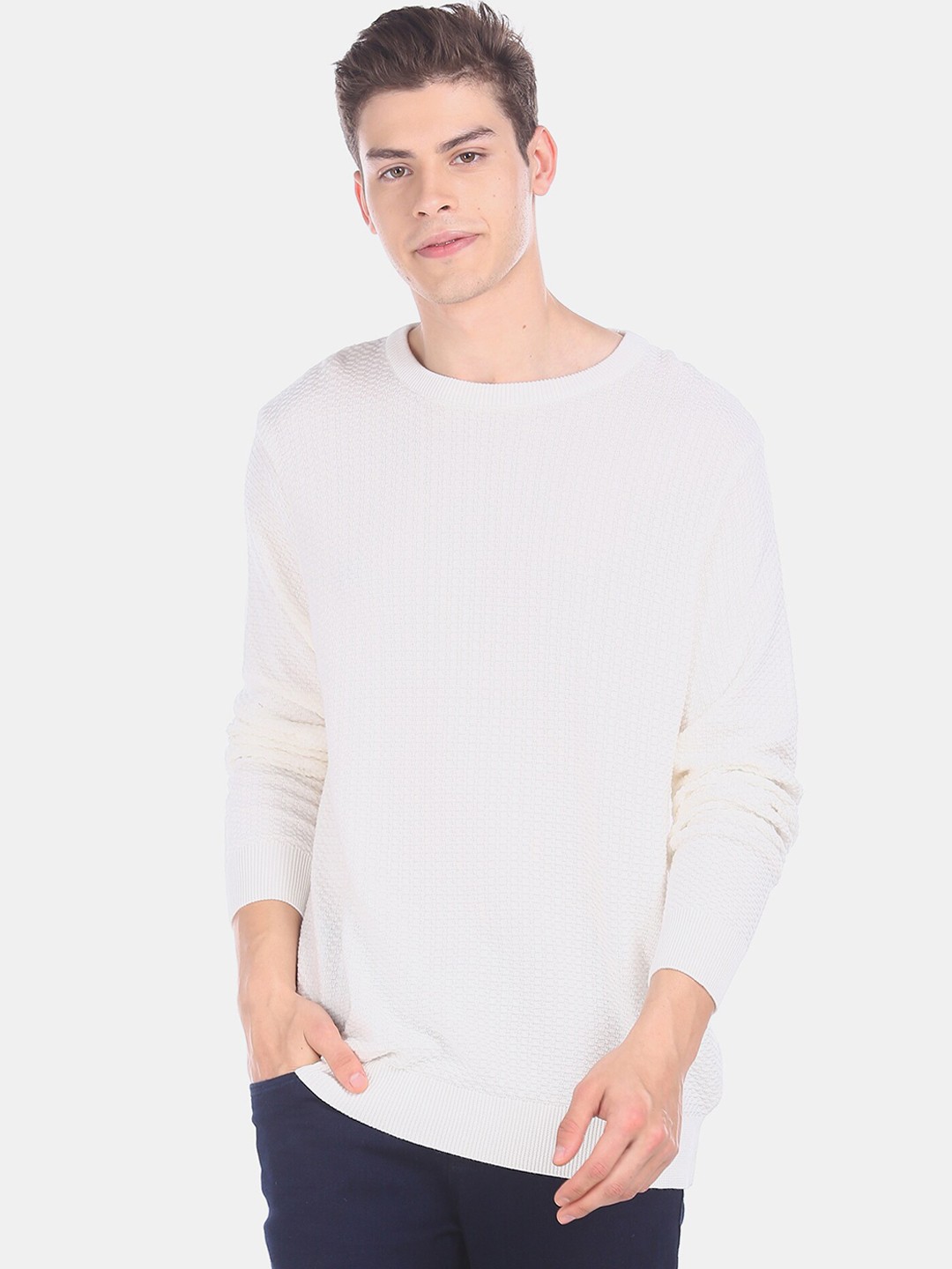 

Ruggers Men Off-White Self Design Cotton Pullover Sweater