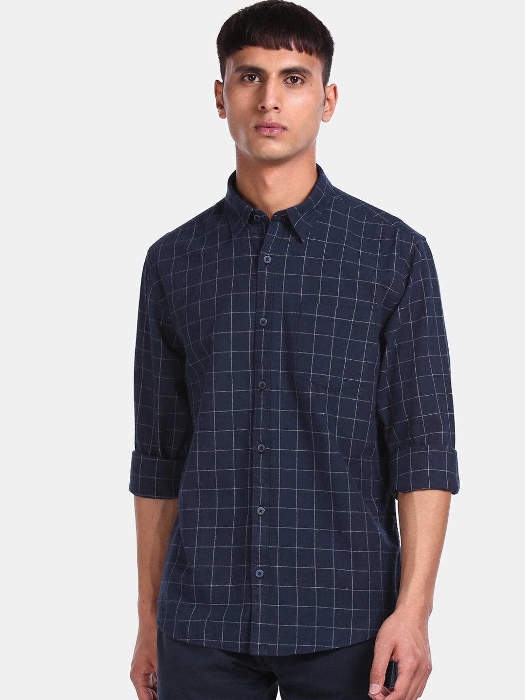 

Ruggers Men Navy Blue Regular Fit Checked Casual Shirt