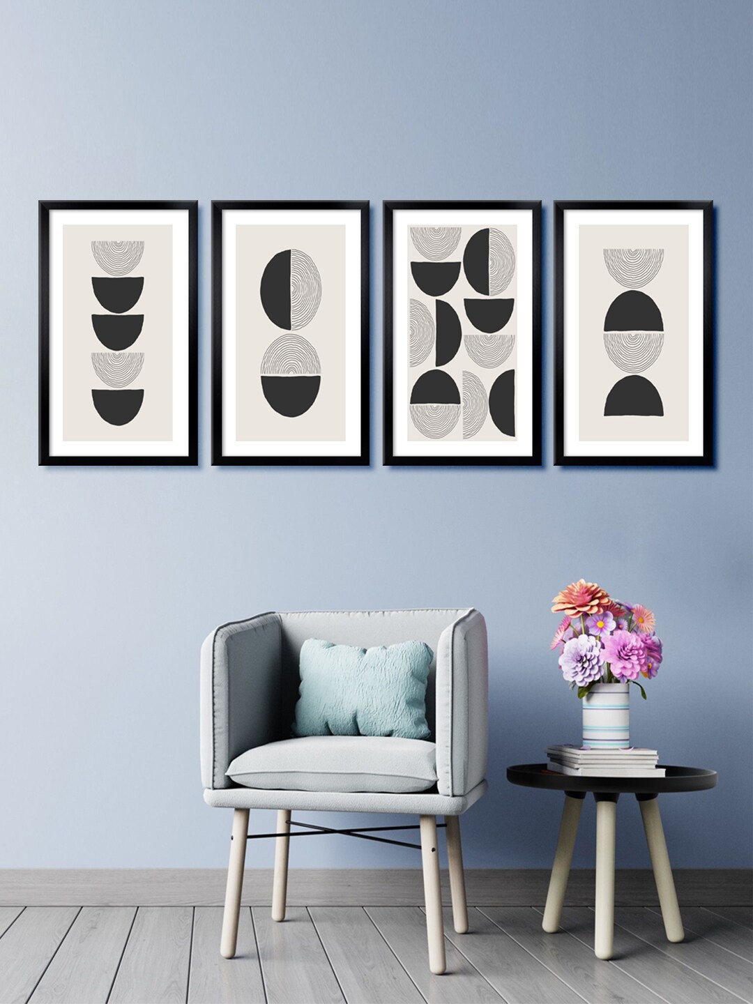 

999Store Set Of 4 Cream-Coloured & Black Abstract Canvas Framed Wall Paintings