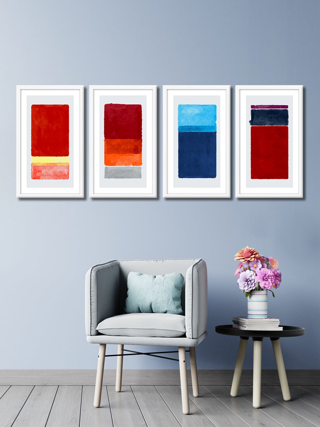 

999Store Set Of 4 Red & Blue Abstract Canvas Framed Wall Art