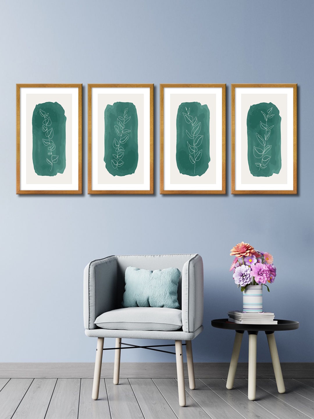 999Store Set Of 4 White & Green Leaves Canvas Framed Wall Paintings