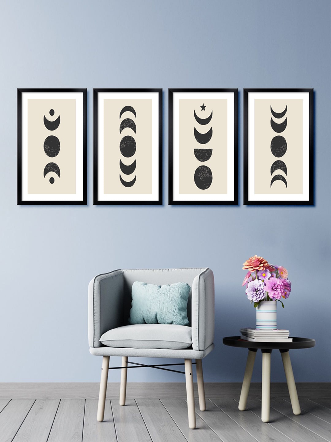 999Store Set of 4 Cream Coloured & Black Moon & Star Canvas Framed Wall Paintings