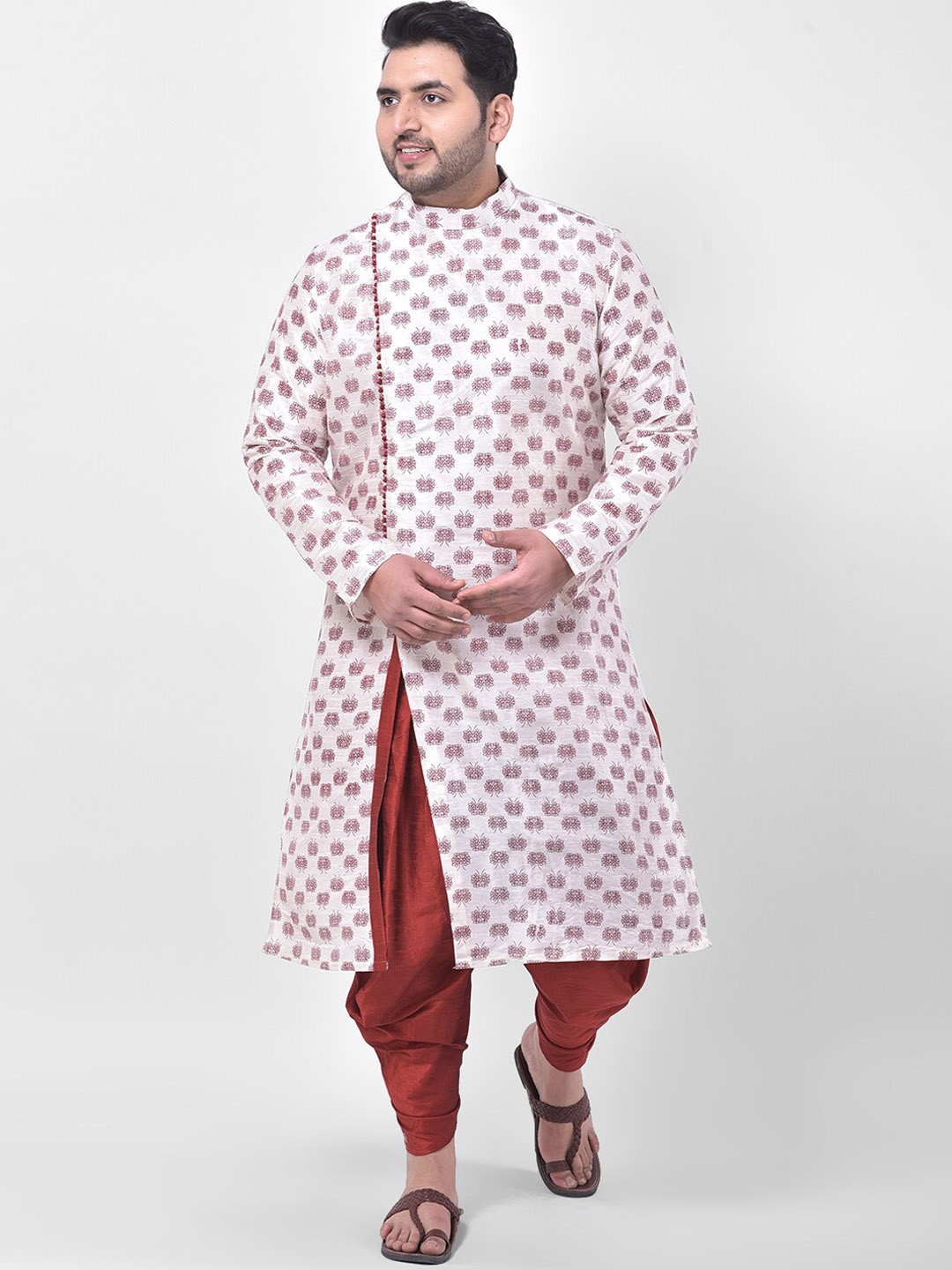 DEYANN PLUS Men Off White Floral Printed Kurta