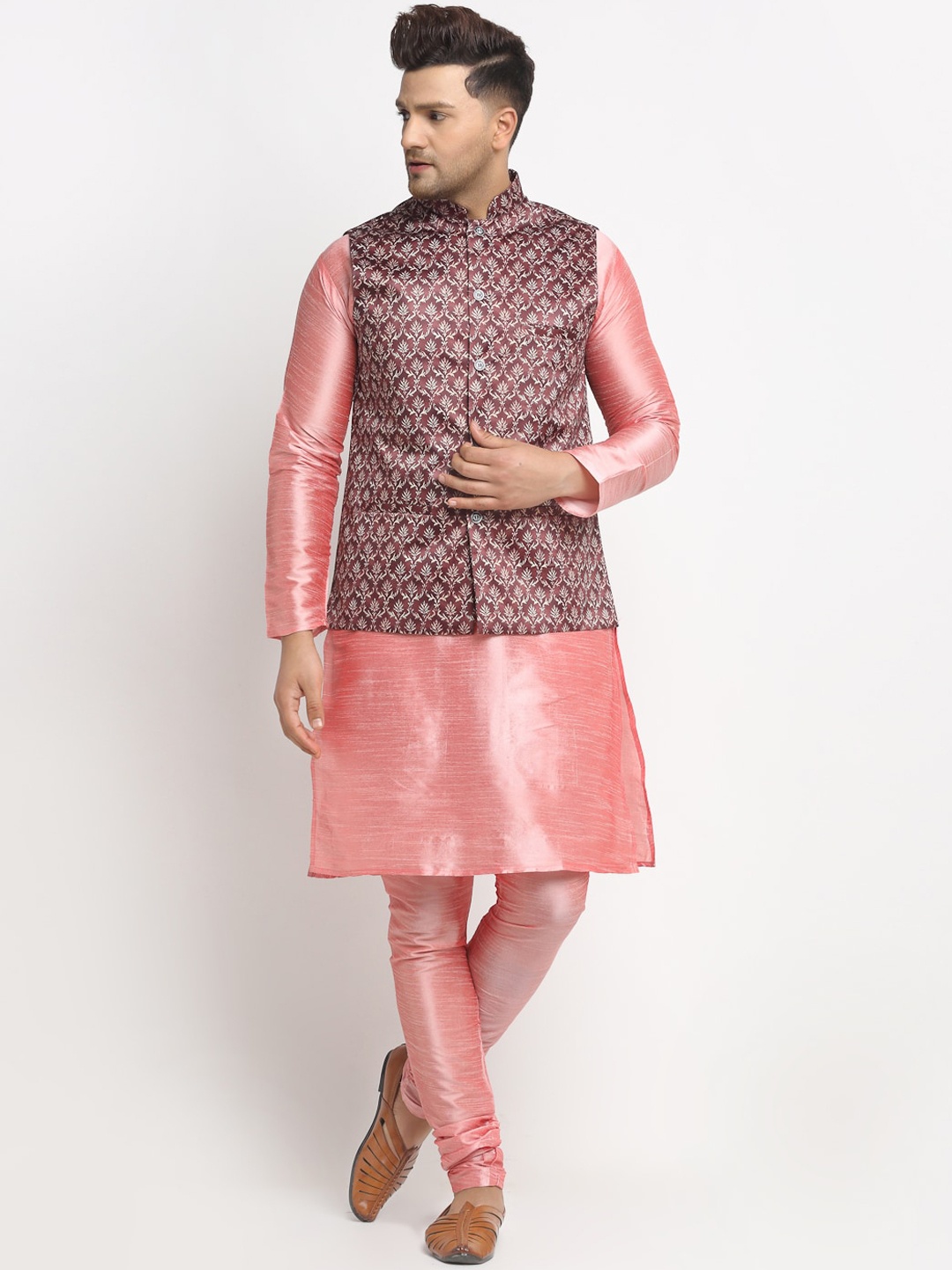 

Benstoke Men Pink Regular Dupion Silk Kurta with Churidar