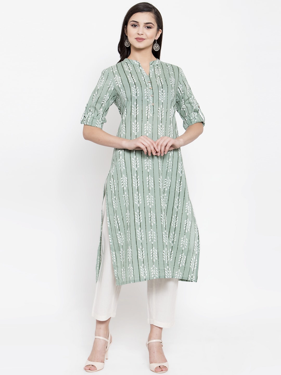 

The Kurta Express Women Green & Off White Floral Striped Kurta