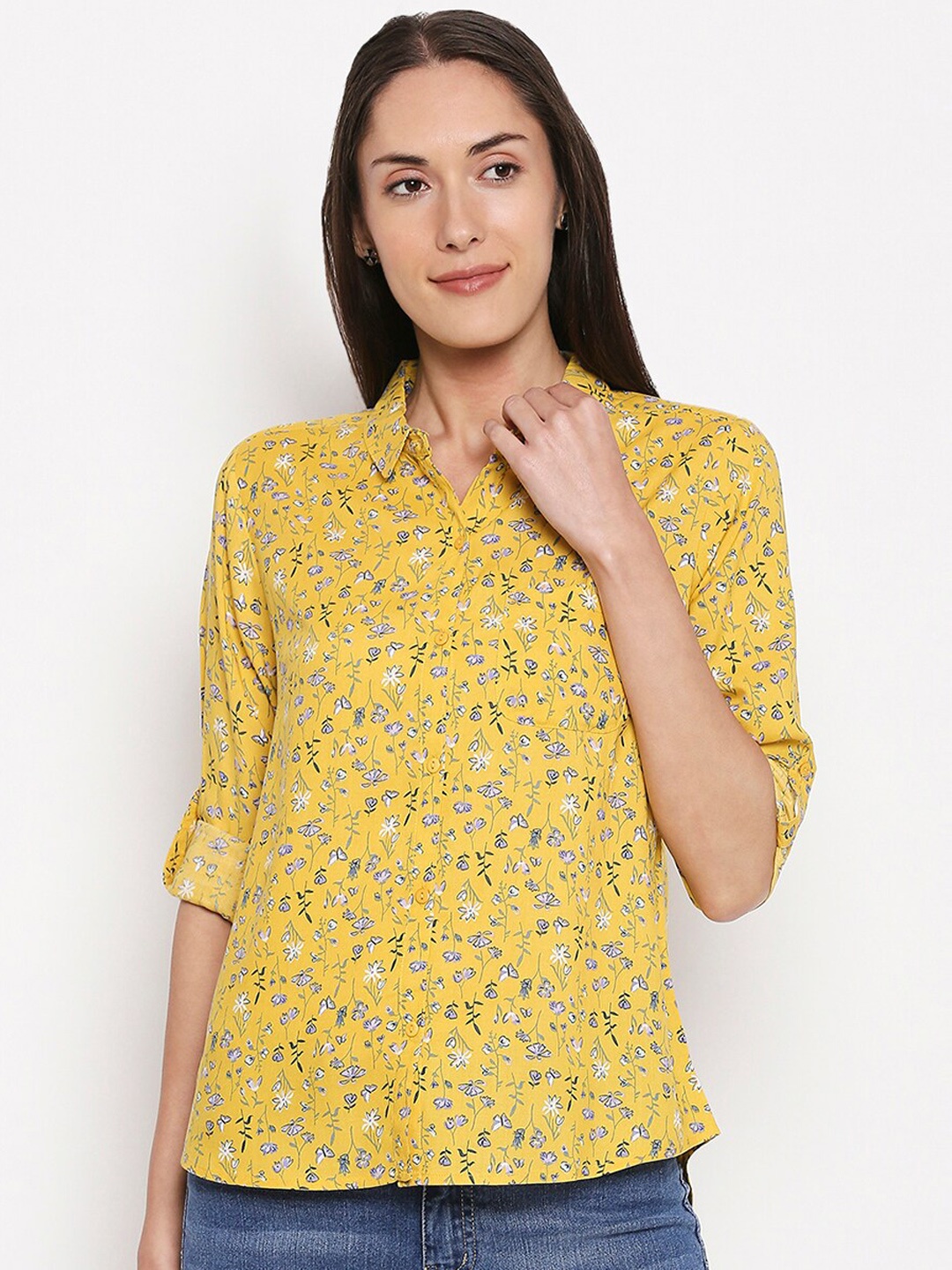 

People Women Yellow Regular Fit Printed Casual Shirt